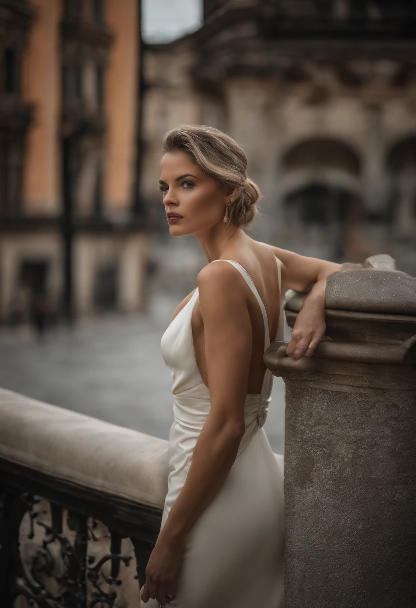 (una mujer hermosa, Mujer poderosa:1.1, Leader:1.1, Estilo hiperrealista:1.1), ojos detallados, Labios detallados, Cara extremadamente detallada, long eyeslashes, Aspecto elegante, confident expression, Ropa elegante, Postura de pie, high angle view, Mirada cautivadora, Fondo en la azotea, bullicioso paisaje urbano, Rascacielos, colores vibrantes, Dramatic lighting.