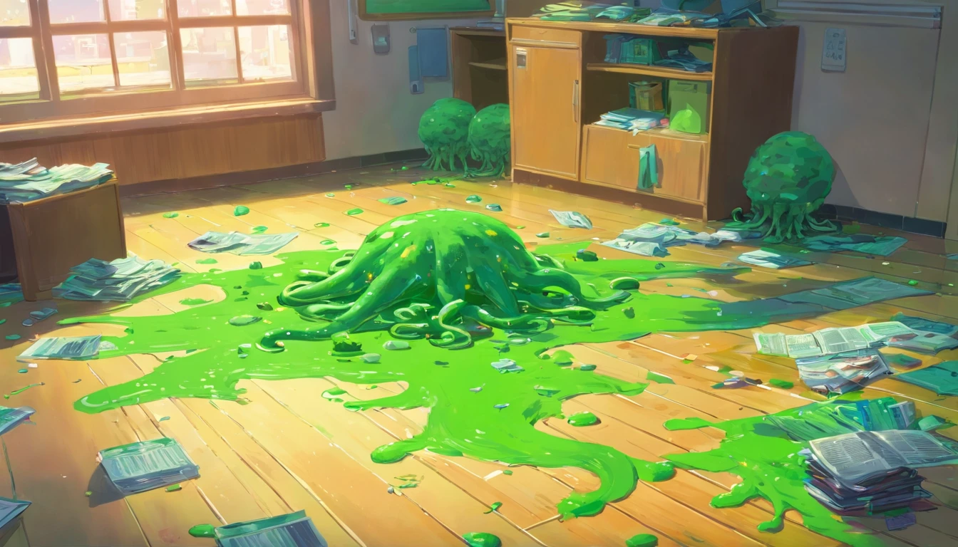 1girl, discarded clothes on floor, green slime alien blobs with tentacles, background:small school, checkerboard floor,mess,newspapers,(green slime blasts),