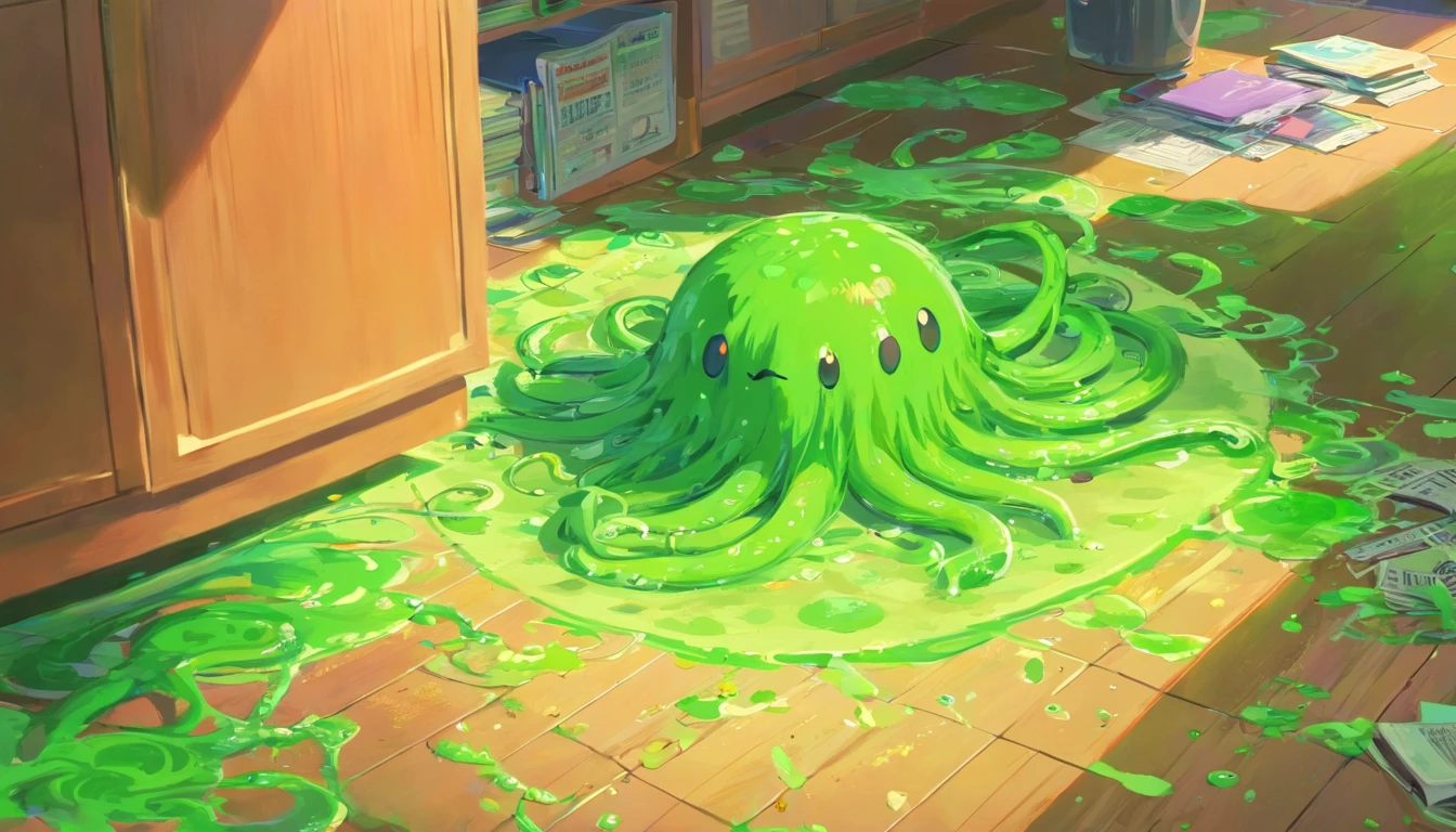 1girl, discarded clothes on floor, green slime alien blobs with tentacles, background:small school, checkerboard floor,mess,newspapers,(green slime blasts),