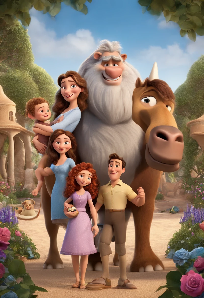 a Disney Pixar movie poster showing a white-skinned family. The father is the tallest, Tem barba curta, loiro, cabelos curtos e espinhosos. The mother has brown eyes and hair, shoulder-length and is slightly overweight. A menina tem 4 anos e cabelos castanhos, roupa rosa e rabos de cavalo. The background is a beach garden. 3D-rendering