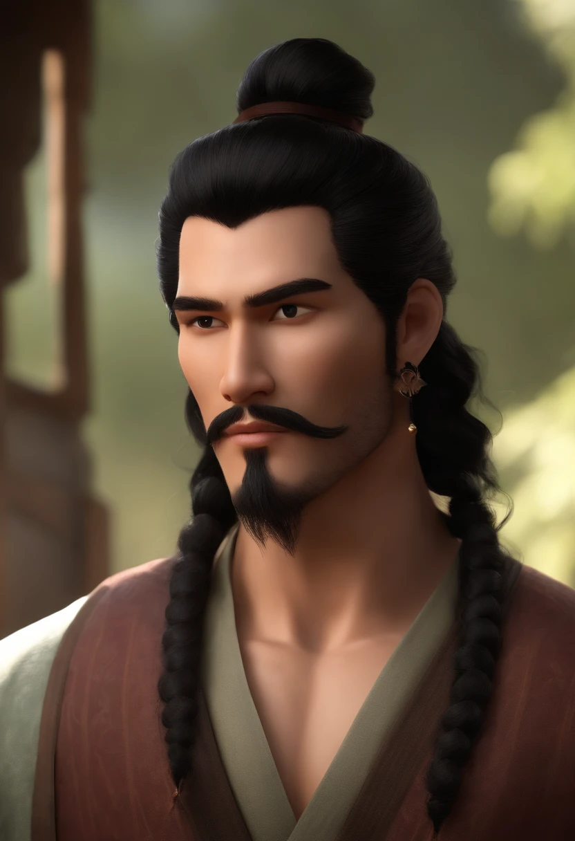 Crie uma imagem estilo Disney/Pixar, mostrando uma cena com um homem alto, magro, pele morena, rosto fino, sobrancelhas finas, nariz fino, long black hair curly and shaved on the sides of the head, coque samurai, very thin beard with few hairs, Brown eyes with ripped jeans, camisa preta, usando avental de barbeiro, segurando uma tesoura, sozinho em uma barbearia 3D