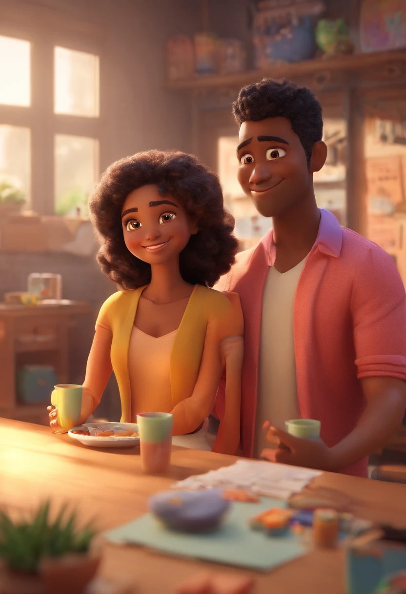An illustration of an adorable couple, Destacando a un hombre y una mujer con hermosos, Ojos expresivos: la piel del hombre es negra y el cabello del hombre es calvo y negro, while the woman's skin is black and the woman's hair is curly and brown. They are a bright room, Cada uno con una sonrisa en la cara, y compartir un momento especial caracterizado por el amor, arroz, y conocimientos educativos. Illustrate this scene from a perspective where they are looking away from the camera, Show your connection. Desarrolla este arte en Full HD, Focus on your cinematic touch, Estilo de animaciones de Disney Pixar