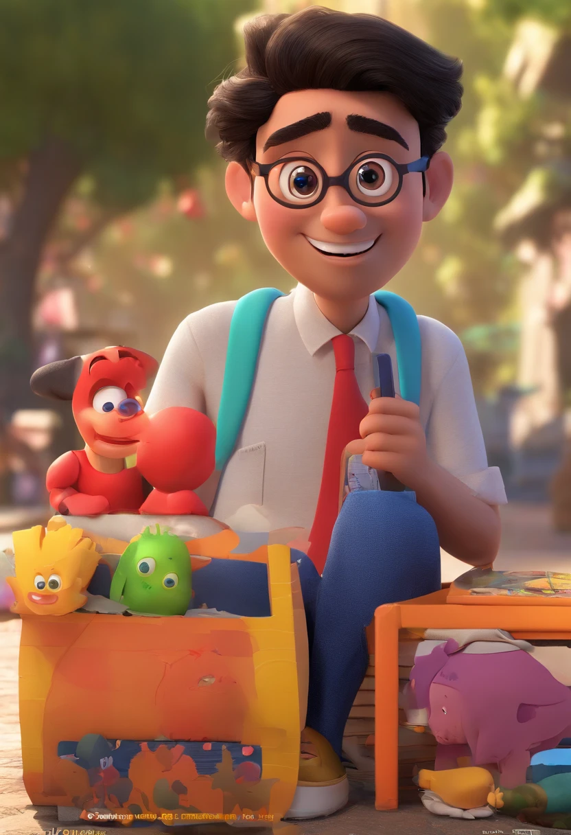 Crie um cartaz inspirado na Disney Pixar com o personagem sendo um jovem de terno preto gracata vermelha , A black-haired man without glasses, the scene will be in Pixar's distinctive digital art style. Focus on character expressions, Vibrant colors and detailed textures present your animations, with the title " reynaldo gianecchini no meio, Quero a cena dos principais filmes do PIXar