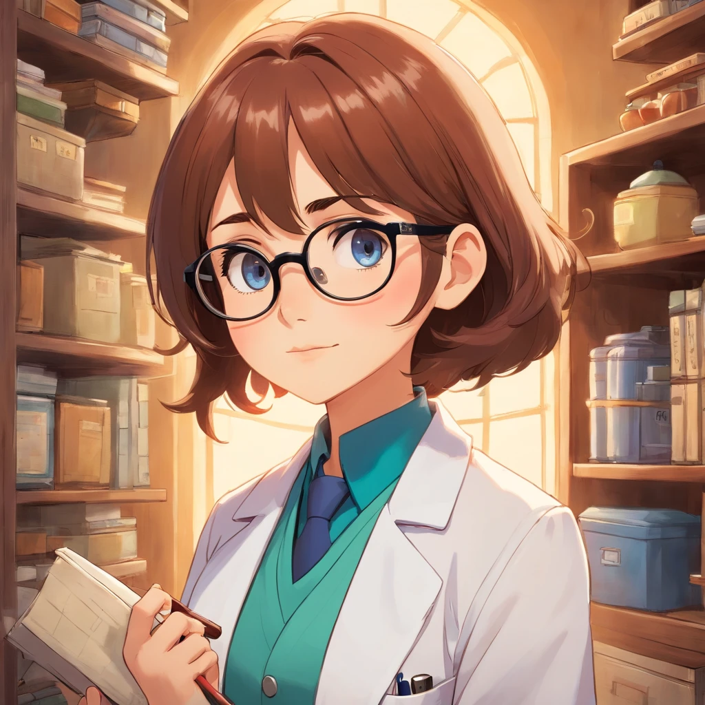 Create a poster in the style of Disney PIXAR movies and scrutinize the Title: BRUNELLA. The setting should be a gorgeous realistic doctor's office, com cores claras e tons de azul, ample space. The main image should be of a beautiful female doctor, de pele branca, cabelos lisos pretos longos, sorriso no rosto, Wearing glasses and dressed like a doctor. The woman must occupy up to 30% da imagem, at the top should have the title in PIXAR DISNEY handwriting and style.