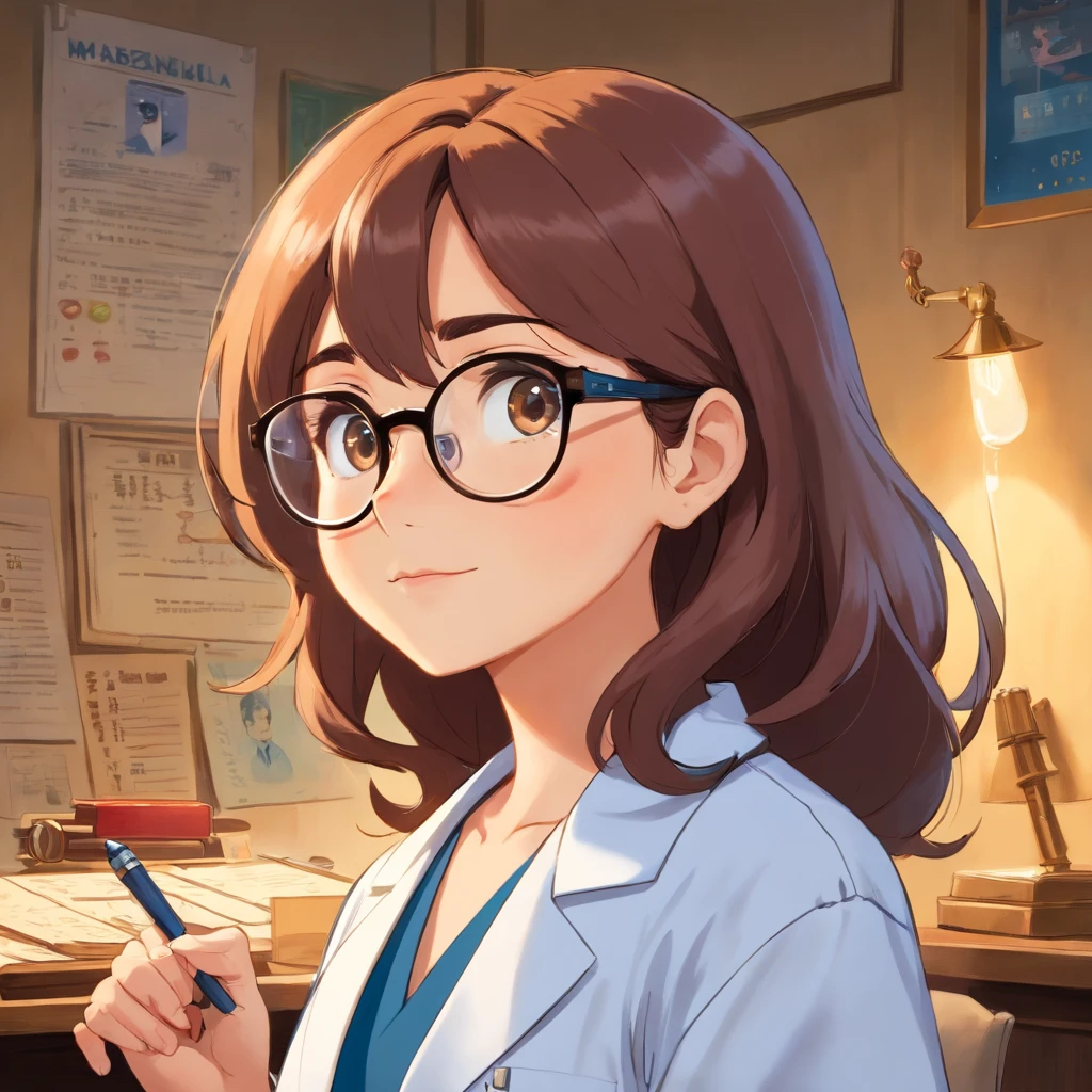 Create a poster in the style of Disney PIXAR movies and scrutinize the Title: BRUNELLA. The setting should be a gorgeous realistic doctor's office, com cores claras e tons de azul, ample space. The main image should be of a beautiful female doctor, de pele branca, cabelos lisos pretos longos, sorriso no rosto, Wearing glasses and dressed like a doctor. The woman must occupy up to 30% da imagem, at the top should have the title in PIXAR DISNEY handwriting and style.