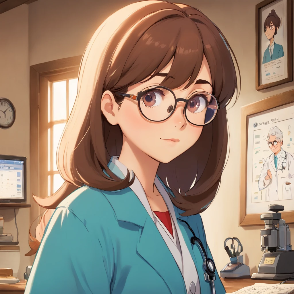 Create a poster in the style of Disney PIXAR movies and scrutinize the Title: BRUNELLA. The setting should be a gorgeous realistic doctor's office, com cores claras e tons de azul, ample space. The main image should be of a beautiful female doctor, de pele branca, cabelos lisos pretos longos, sorriso no rosto, Wearing glasses and dressed like a doctor. The woman must occupy up to 30% da imagem, at the top should have the title in PIXAR DISNEY handwriting and style.