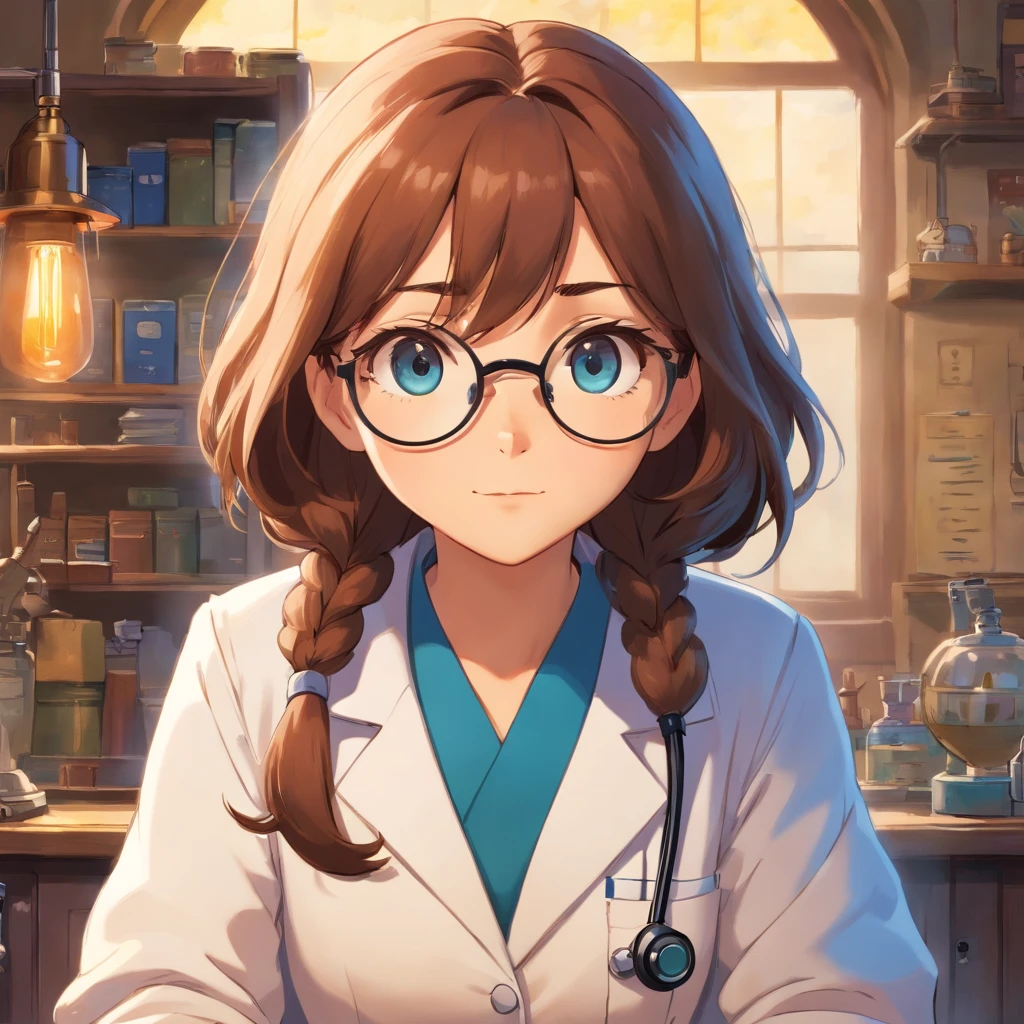 Create a poster in the style of Disney PIXAR movies and scrutinize the Title: BRUNELLA. The setting should be a gorgeous realistic doctor's office, com cores claras e tons de azul, ample space. The main image should be of a beautiful female doctor, de pele branca, cabelos lisos pretos longos, sorriso no rosto, Wearing glasses and dressed like a doctor. The woman must occupy up to 30% da imagem, at the top should have the title in PIXAR DISNEY handwriting and style.