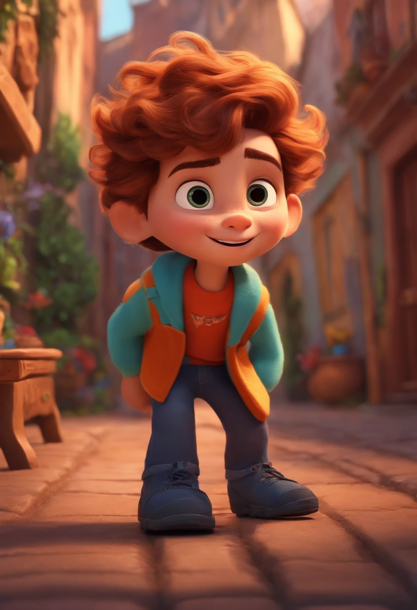 Image of a boy for a story in a YouTube video in Pixar format, He's the little allabester, He's the class leader, He's outgoing, Playful and gets up for a lot of things, cabelo curto