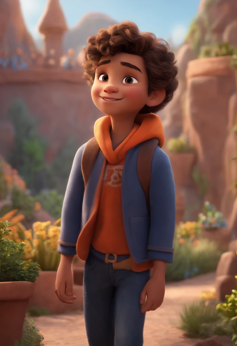 Image of a boy for a story in a YouTube video in Pixar format, He's the little allabester, He's the class leader, He's outgoing, Playful and gets up for a lot of things, cabelo curto