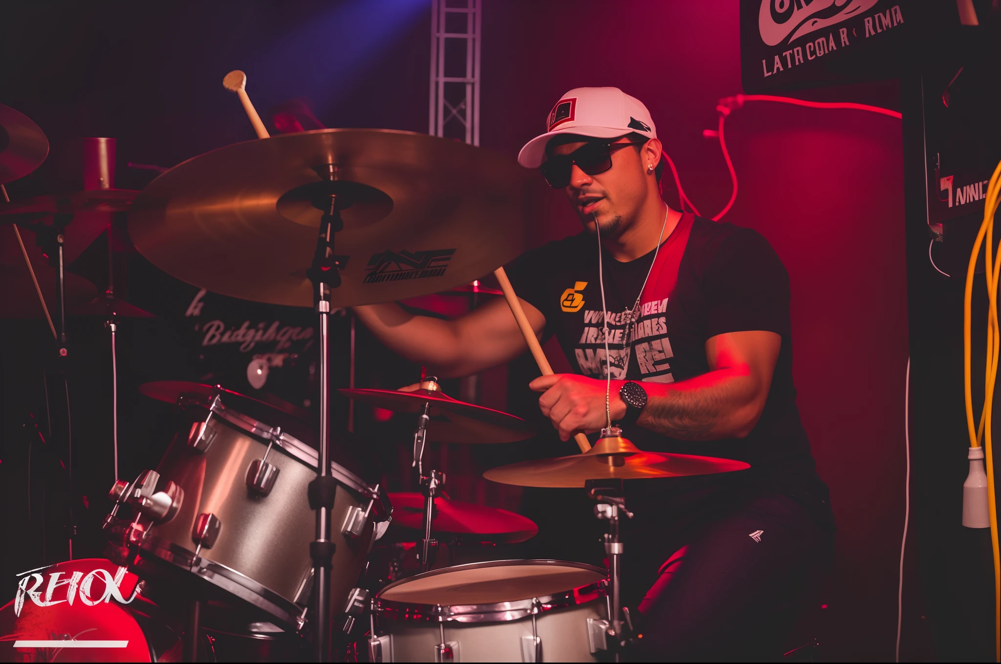 Drummer playing drums in a rock club with red lighting, tocando bateria, baterista, andres rios, bateria, victor maristane, by Amelia Peláez, danilo torres, imagem de perfil, Apresentando-se no palco, Estilo Zigor Samaniego, zigor samaniego, album photo, Cristiano Orrillo, caio santos, Alex Flores