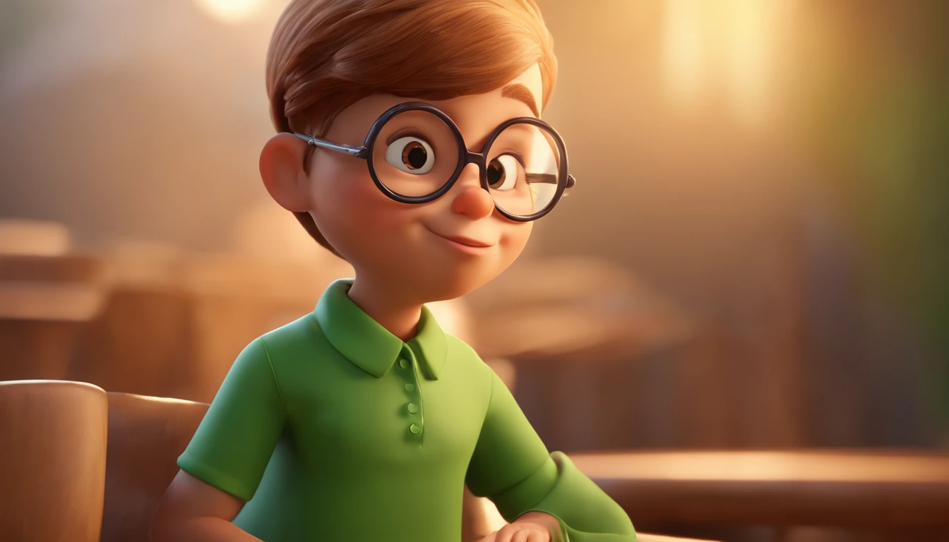 Personagem dos desenhos animados de uma mulher, cabelos longos, liso e loiro, with golden kitten glasses and a green shirt, animation character, Caractere estilizado, animation style rendering, 3D estilizado, Arnold Maya render, 3 d render stylized, toon render keyshot, Personagem 3D, Personagem 3D, 3d rendering stylized, 3 d character render, personagem de desenho animado, Personagem de close up, Pose de personagem, (Estilo Pixar) (master part:1.2) (Bokeh) (best quality) (pele detalhada) (textura detalhada) (8k) (argila) (Cinematic lighting) (foco nítido