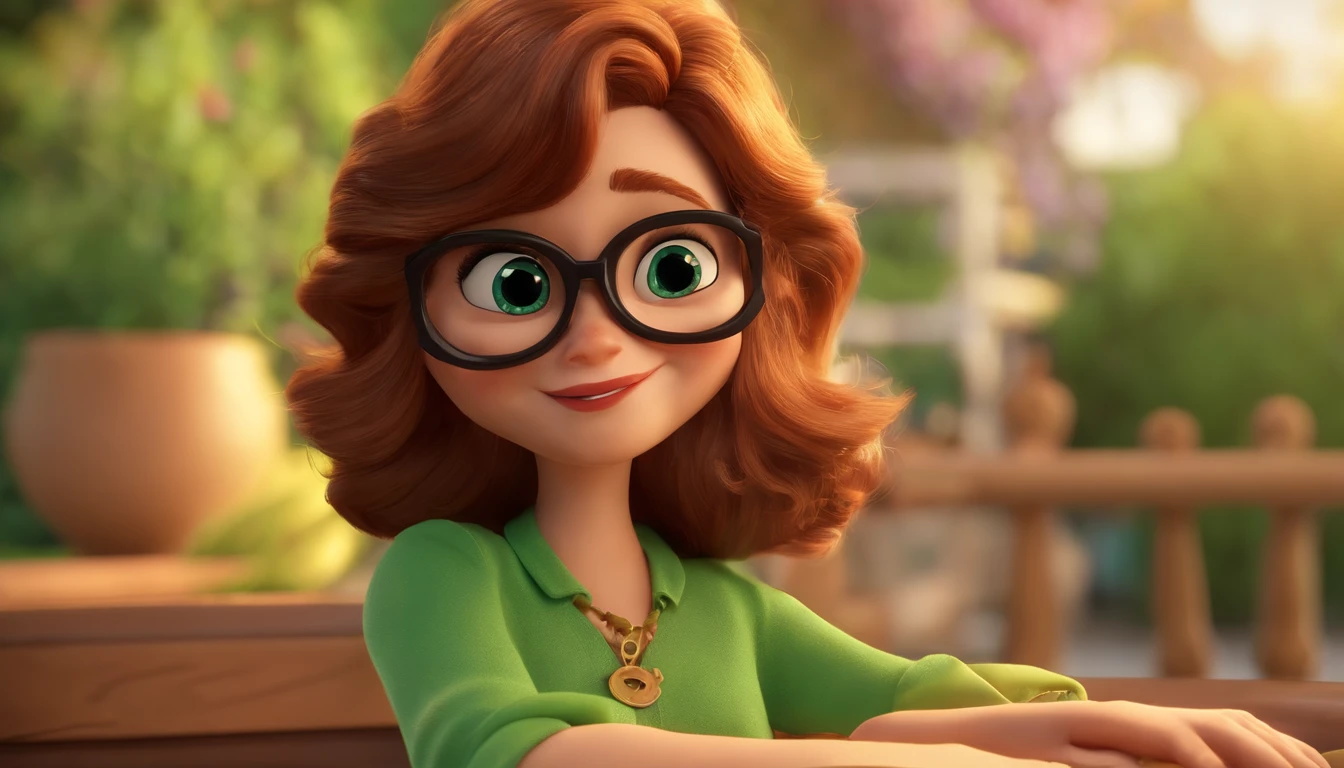 Personagem dos desenhos animados de uma mulher, cabelos longos, liso e loiro, with golden kitten glasses and a green shirt, animation character, Caractere estilizado, animation style rendering, 3D estilizado, Arnold Maya render, 3 d render stylized, toon render keyshot, Personagem 3D, Personagem 3D, 3d rendering stylized, 3 d character render, personagem de desenho animado, Personagem de close up, Pose de personagem, (Estilo Pixar) (master part:1.2) (Bokeh) (best quality) (pele detalhada) (textura detalhada) (8k) (argila) (Cinematic lighting) (foco nítido