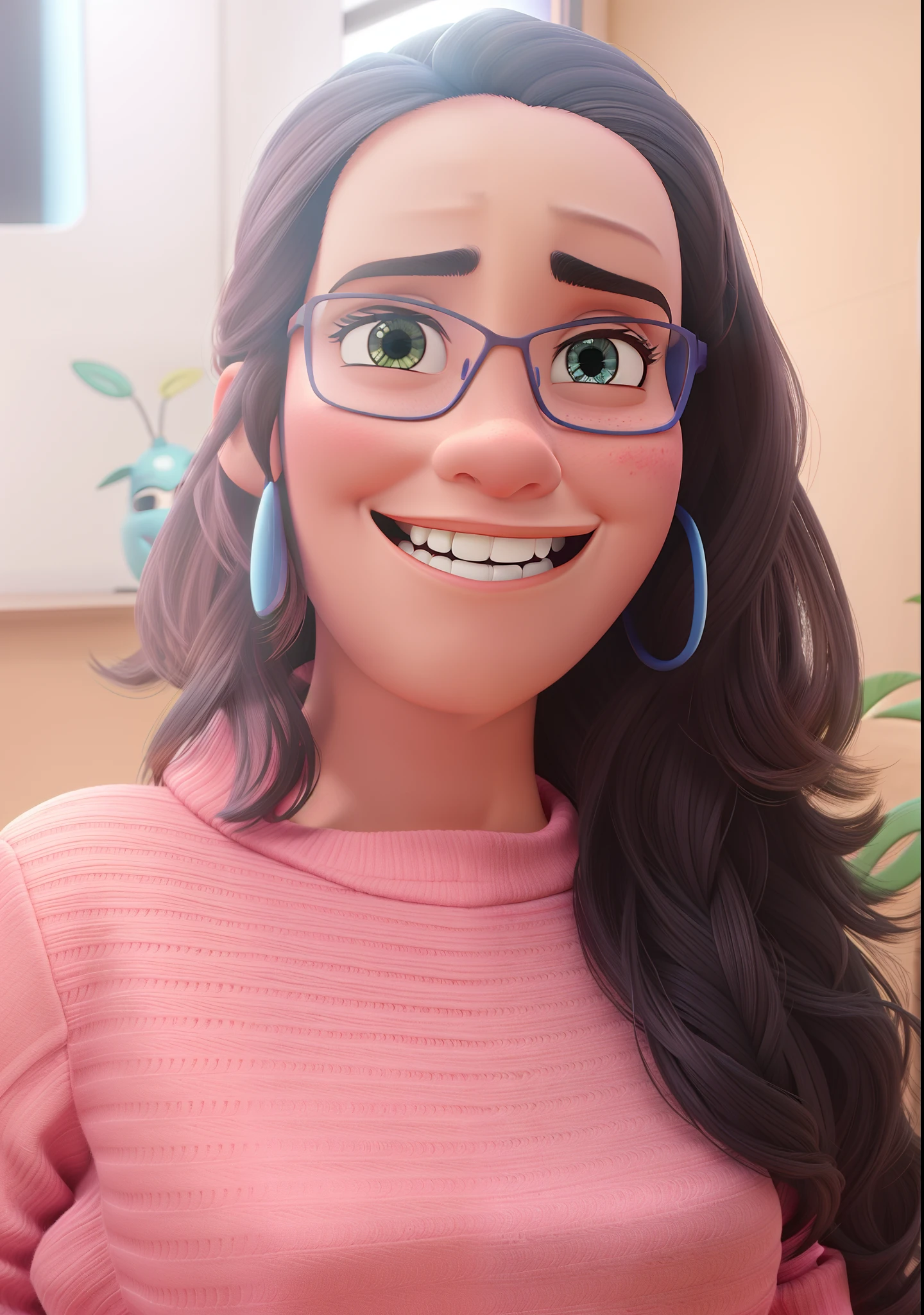 uma mulher estilo Pixar mecha grisalha, sorrindo