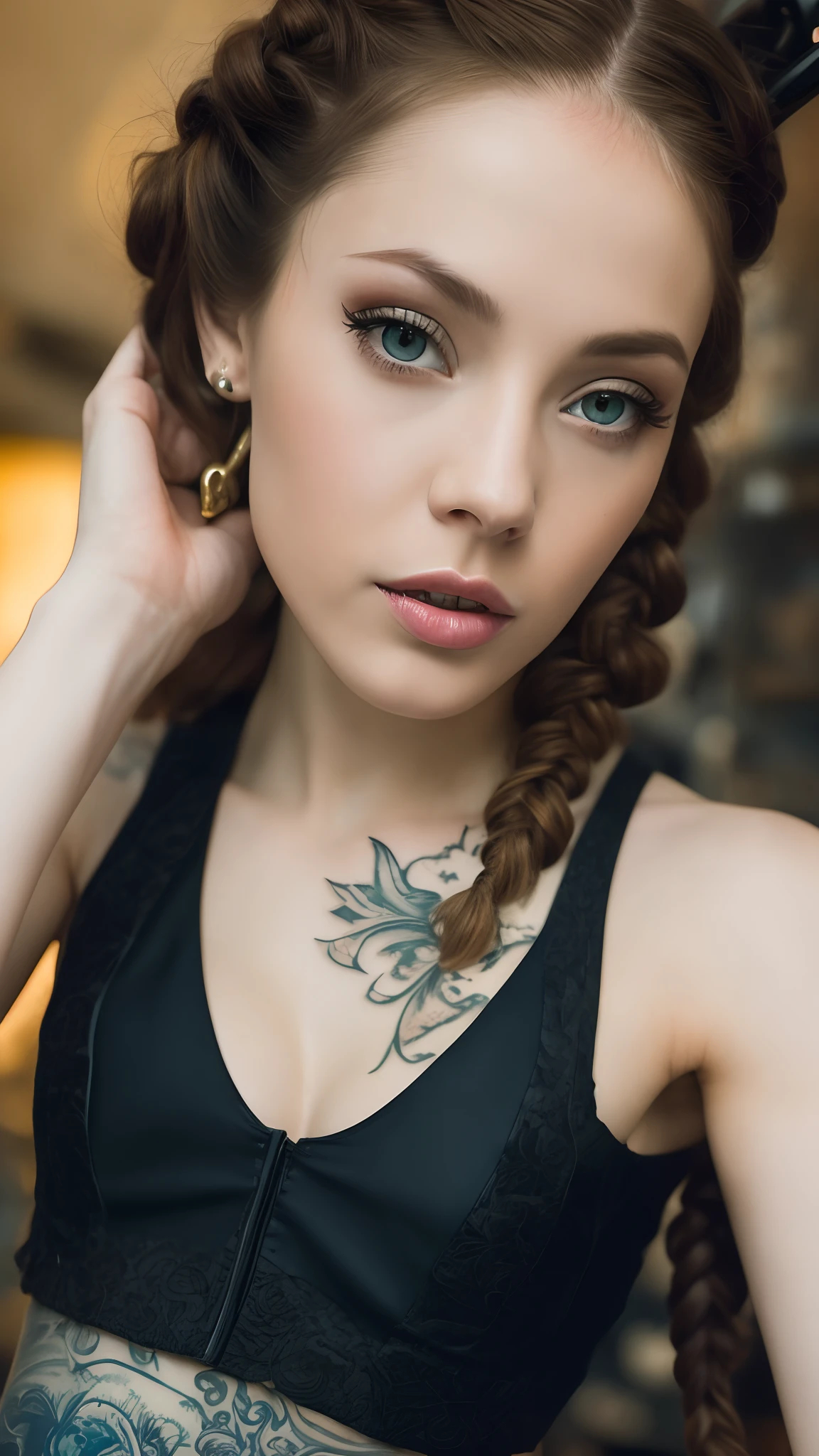 an steampunk girl at a party, (white crop top:1.2), small breast, black and blue leather, tattoo, hyper detailed, ultra sharp, long auburn hair in braids, 8k, (insanely detailed:1.5), full body photograph, 20 megapixel, canon eos r3, detailed skin, pale skin