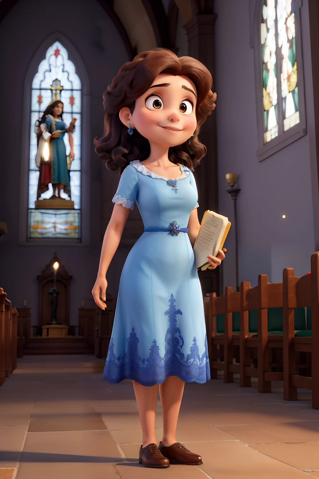 Obra-prima, de melhor qualidade, uma mulher alta magra branca de cabelos comprido liso preto , olhos castanhos claros, wearing a blue dress holding a Bible in her hand , Standing in the church