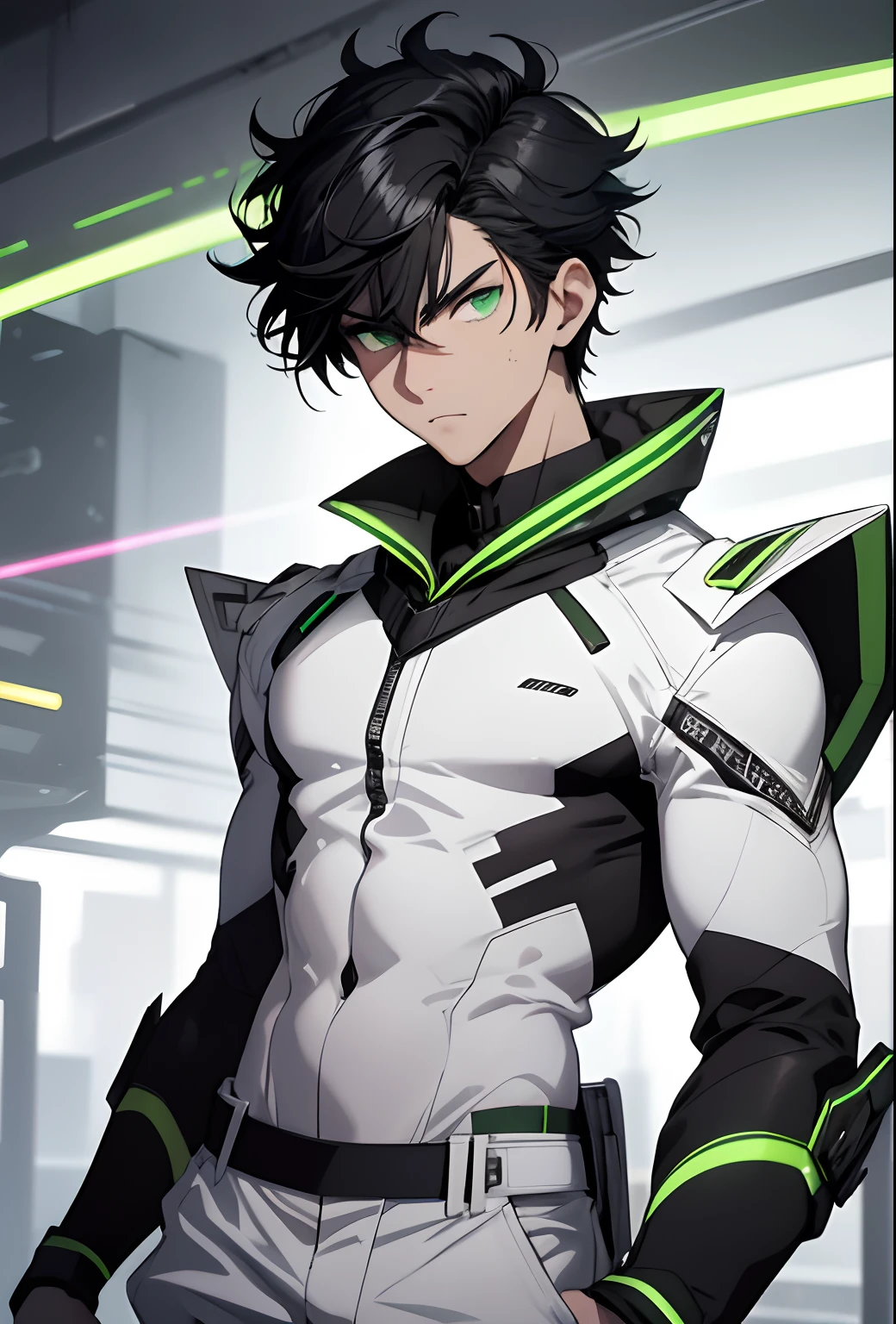 (absurdres, highres, ultra detailed, (1boy),
BREAK
Young man, black hair, green eyes. Hero costume, mostly white, soft and loose gray pants, the clothes have some real neon lines, 19 years old, male face, short hair, muscular body, looks like an adult, bulky body, big clothes
BREAK
, simple forms, vibrant colors, serious expression, untrained aesthetic