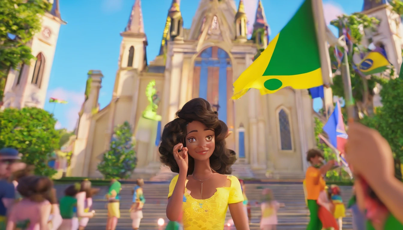Mulher branca cabelo preto curto e ondulado, vestida com camisa do Brasil, holding a bible with people behind dressed in Brazil shirt and Brazilian flags in front of a Disney Pixar style church