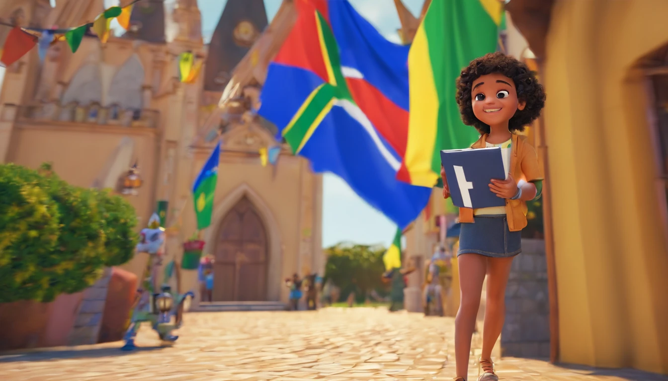 Mulher branca cabelo preto curto e ondulado, vestida com camisa do Brasil, holding a bible with people behind dressed in Brazil shirt and Brazilian flags in front of a Disney Pixar style church