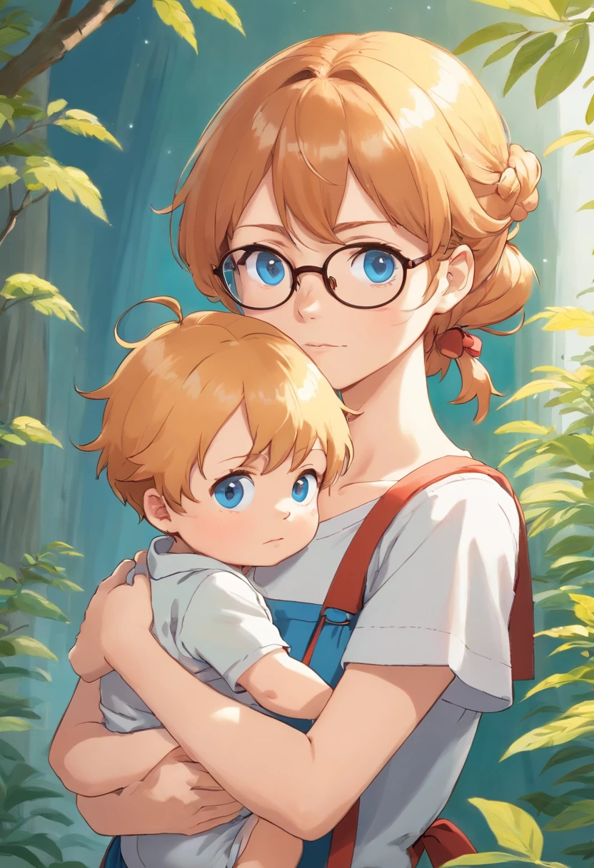 Ginger short hair woman tied in a ponytail with brown eyes wearing glasses holding a little baby boy with wavy blonde hair and blue eyes