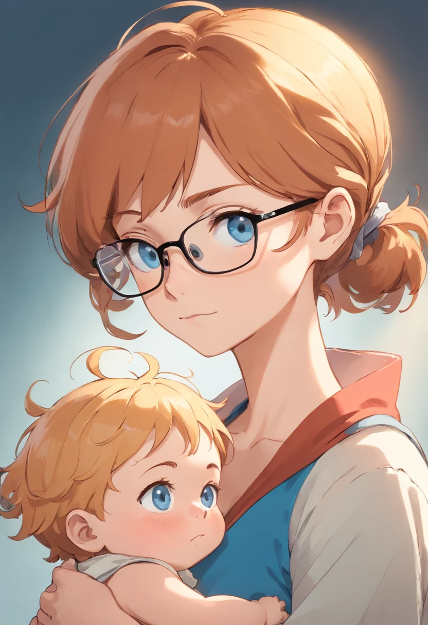 Ginger short hair woman tied in a ponytail with brown eyes wearing glasses holding a little baby boy with wavy blonde hair and blue eyes