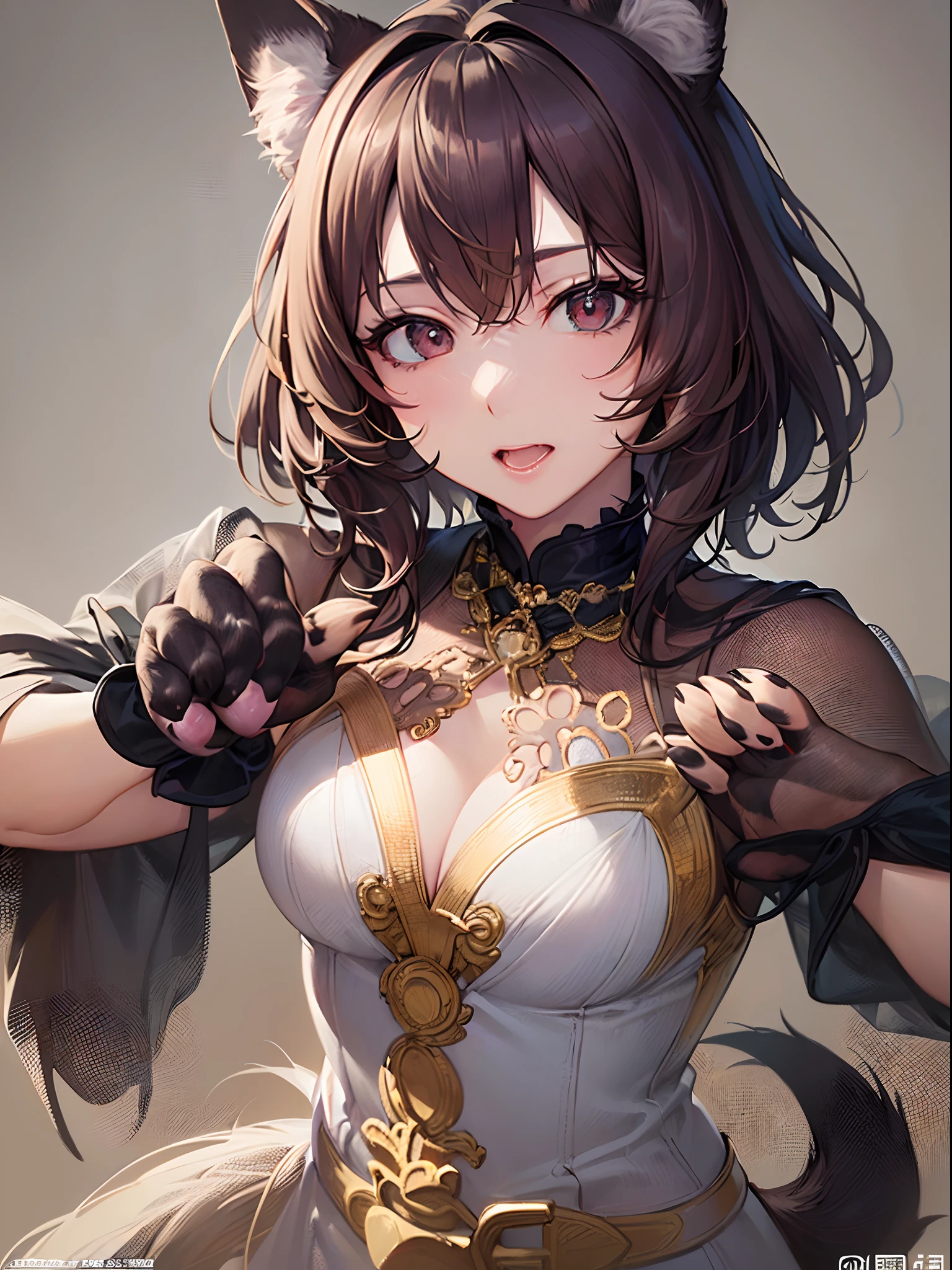 ((Finest quality)),(超A high resolution),(ultra-detailliert),(Meticulous portrayal),((best pictures)),(Finest works of art),Ultra-Precision Art,The art of astounding depiction, (1人の女性:1.5),(Dog Cosplay:1.5),(Dog Hand Gloves:1.5),roar