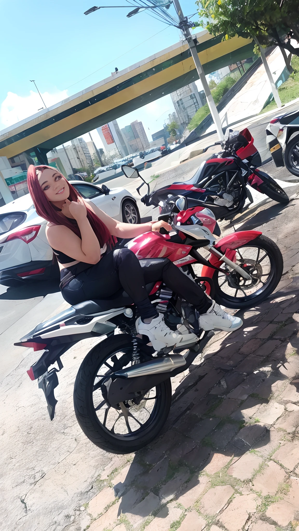Cybernetic Arm and Shiny Cybernetic Girl,(Figurinos puros e reveladores:1.3, ),(Cyber Girl Riding In The Sky On Colorful Custom Painted Motorcycle:1.3), Castanho claro brilhante e cabelo curto listrado laranja,sorriso bonito,Rosto redondo perfeito,Um sorriso alegre que deixa o espectador feliz,Proper body proportion,masutepiece,High-quality output images,alta resolução,detalhes intrincados,Cabelos muito delicados e bonitos,fotos realistas,sonhador,professional lighting,sombra realista,foco solo,beautiful hands,Dedos bonitos,Recursos detalhados do dedo,detailed features of the outfit,Detailed characteristics of hair,detailed facial features,
