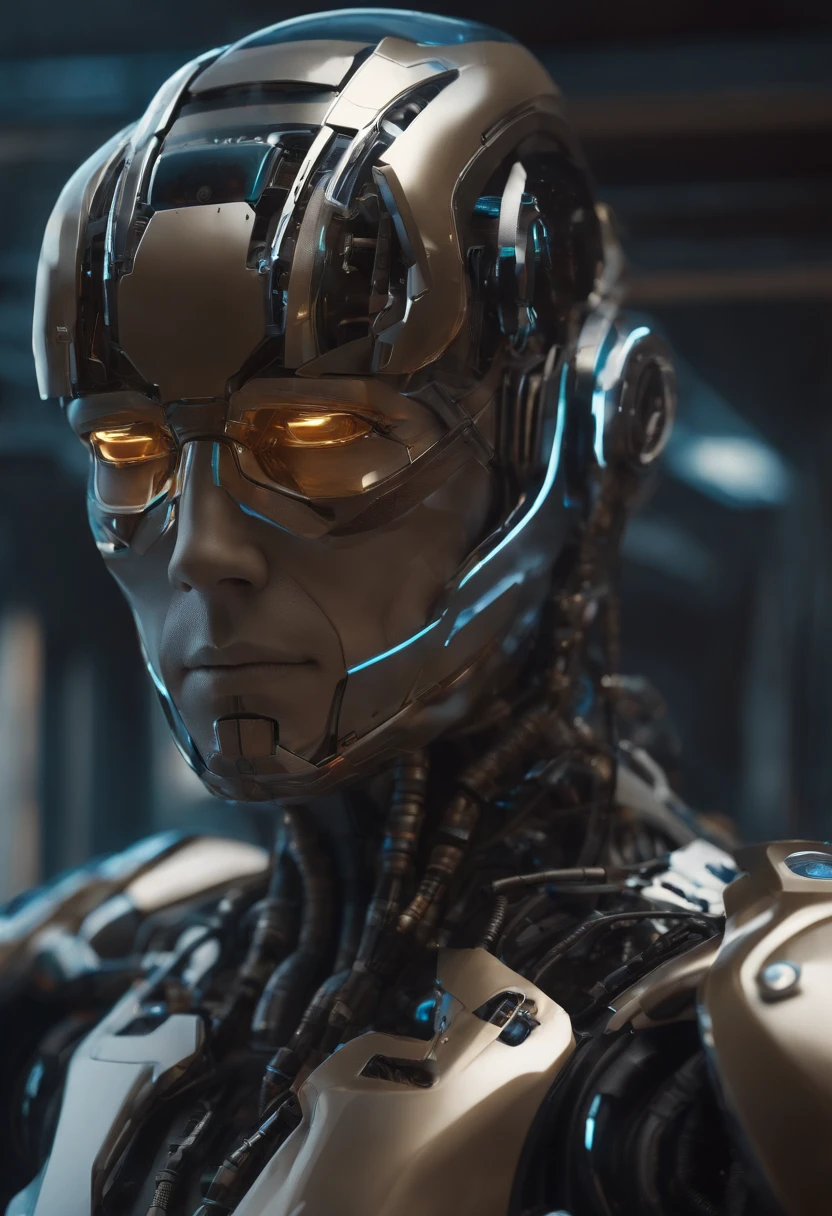 una obra maestra de un hombre ultrarealista muy detallada, holograma, con un traje y un cosco espacial de robot intrincado, cuerpo entero, cuerpo completo, with robotic parts on your face, El hombre con cabeza de robot, Retrato de un robot futurista, en estilo de beeple, robotic face, Cara cyberpunk, Robot con rostro humano, style hybrid mix of beeple, Retrato de un cyborg, Calle futurista dieselpunk, Estilo beeple, Retrato Hermosa Sci - FI hombre, ltra High Definition, Simple minimum. f/4, 16:9, 5 s ultra high definition, Kinematic,