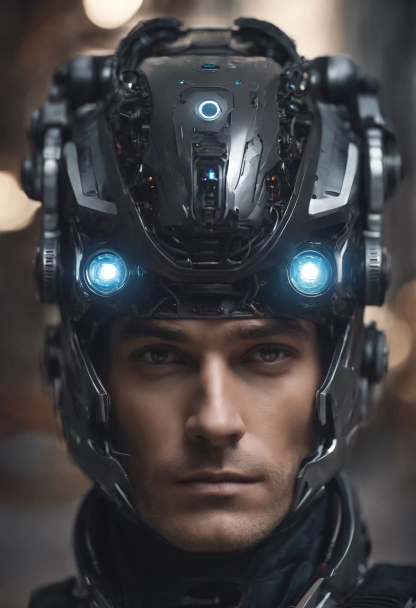 una obra maestra de un hombre ultrarealista muy detallada, holograma, con un traje y un cosco espacial de robot intrincado, cuerpo entero, cuerpo completo, with robotic parts on your face, El hombre con cabeza de robot, Retrato de un robot futurista, en estilo de beeple, robotic face, Cara cyberpunk, Robot con rostro humano, style hybrid mix of beeple, Retrato de un cyborg, Calle futurista dieselpunk, Estilo beeple, Retrato Hermosa Sci - FI hombre, ltra High Definition, Simple minimum. f/4, 16:9, 5 s ultra high definition, Kinematic,