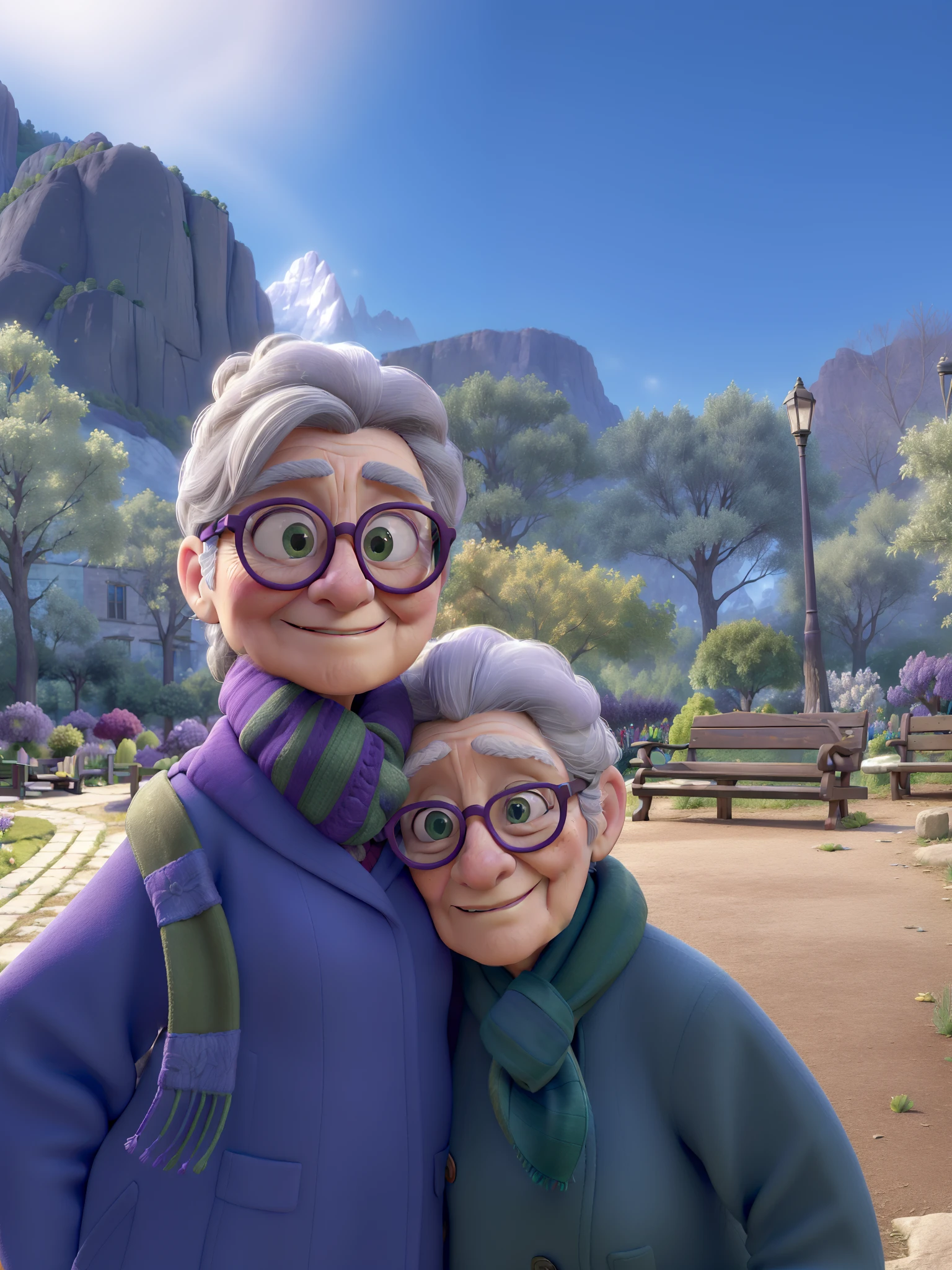 (highres,masterpiece:1.2),elderly woman with glasses and scarf,standing in the park,wearing a purple coat and green scarf,beautiful detailed eyes,beautiful detailed lips,longeyelashes,gray hair,weathered face,pensive expression,leisurely reading a book on a garden bench,with colorful flowers and lush green trees in the background,vivid colors,natural lighting