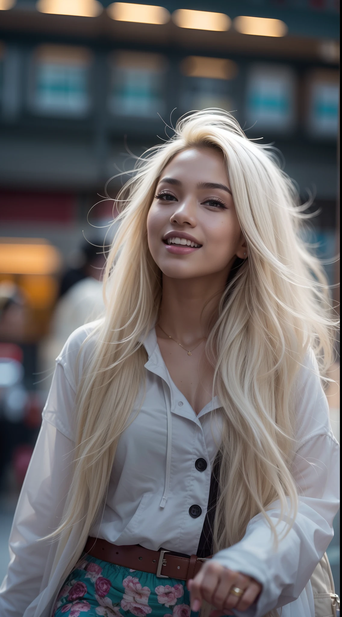 Malay girl very long white shiny hair, wear small floral pastel color lace panties slow run in college, jogging, wear backpack, front view, very long wavy white hair, messy hair, hair blown, windy, detail skin, age spot, detail skin texture, mole below eyes, small breast, flat chest, wide hips, small waists, thick thighs, slim abs, beautiful body, nighttime, laughing, happy, bright lighting, college student in background, crowded college, blur background, bokeh, 35mm lense, low angle Shot, Deep Focus cinematography effect, Natural Lighting, cool-toned color grading, high quality, ultra detail, 8k resolution, using Canon EOS C700,