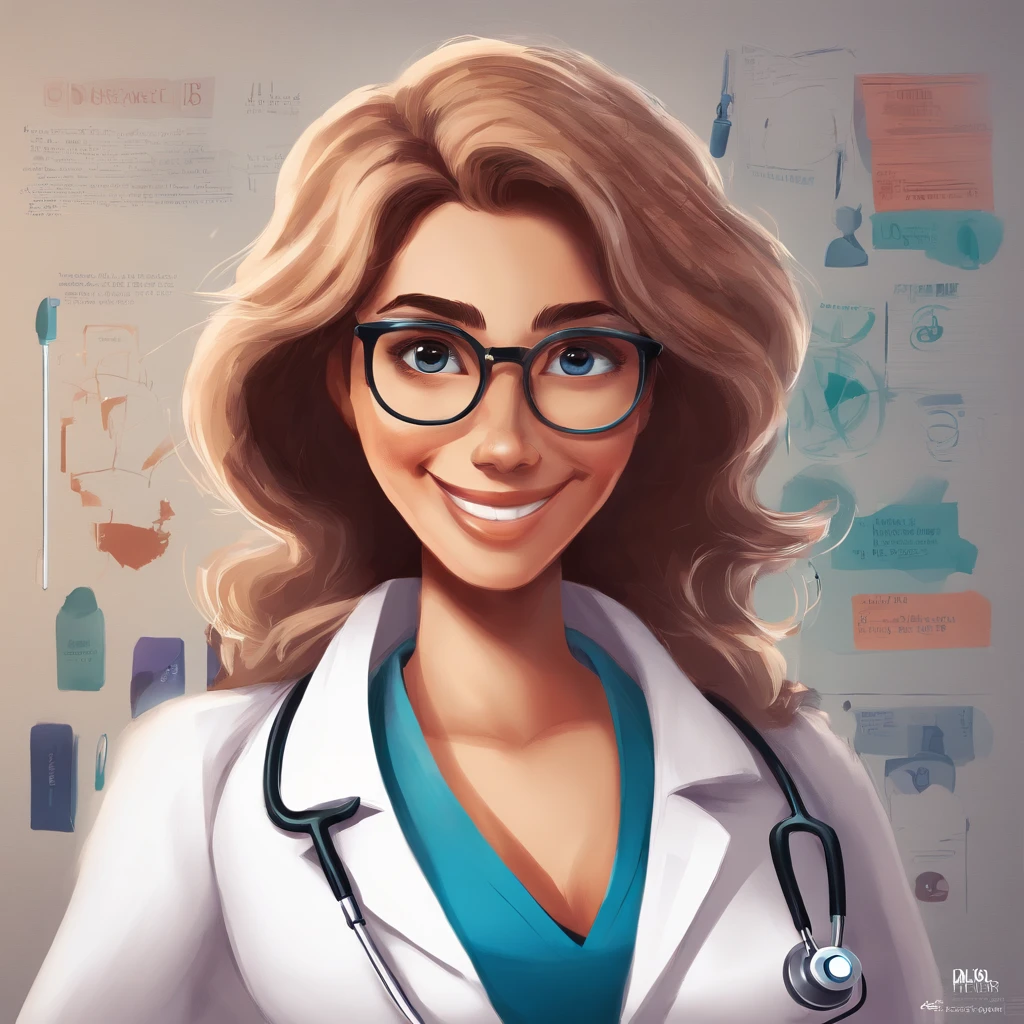 Create a poster in the style of DISNEY PIXAR 8k movies, and put the Title written: BRUNELLA. The setting should be a gorgeous realistic doctor's office, com cores claras e tons de azul, ample space. A imagem principal deve ser de uma mulher com 30 anos, beautiful doctor, de pele branca, cabelos longos e lisos na cor preta, a mulher com sorriso no rosto, Wearing glasses and dressed like a doctor. The woman must occupy up to 30% da imagem, at the top should have the title in PIXAR DISNEY handwriting and style.