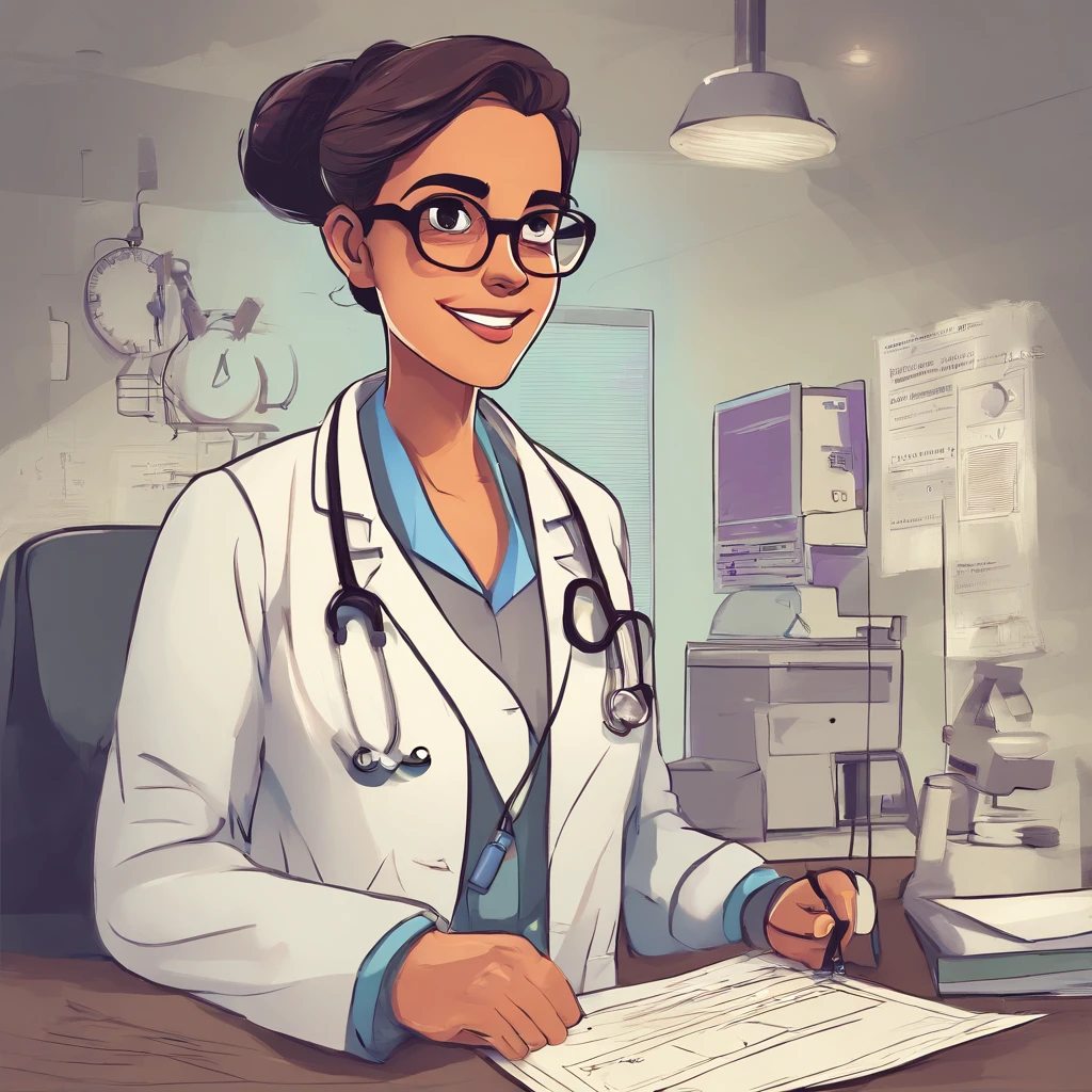 Create a poster in the style of DISNEY PIXAR 8k movies, and put the Title written: BRUNELLA. The setting should be a gorgeous realistic doctor's office, com cores claras e tons de azul, ample space. A imagem principal deve ser de uma mulher com 30 anos, beautiful doctor, de pele branca, cabelos longos e lisos na cor preta, a mulher com sorriso no rosto, Wearing glasses and dressed like a doctor. The woman must occupy up to 30% da imagem, at the top should have the title in PIXAR DISNEY handwriting and style.