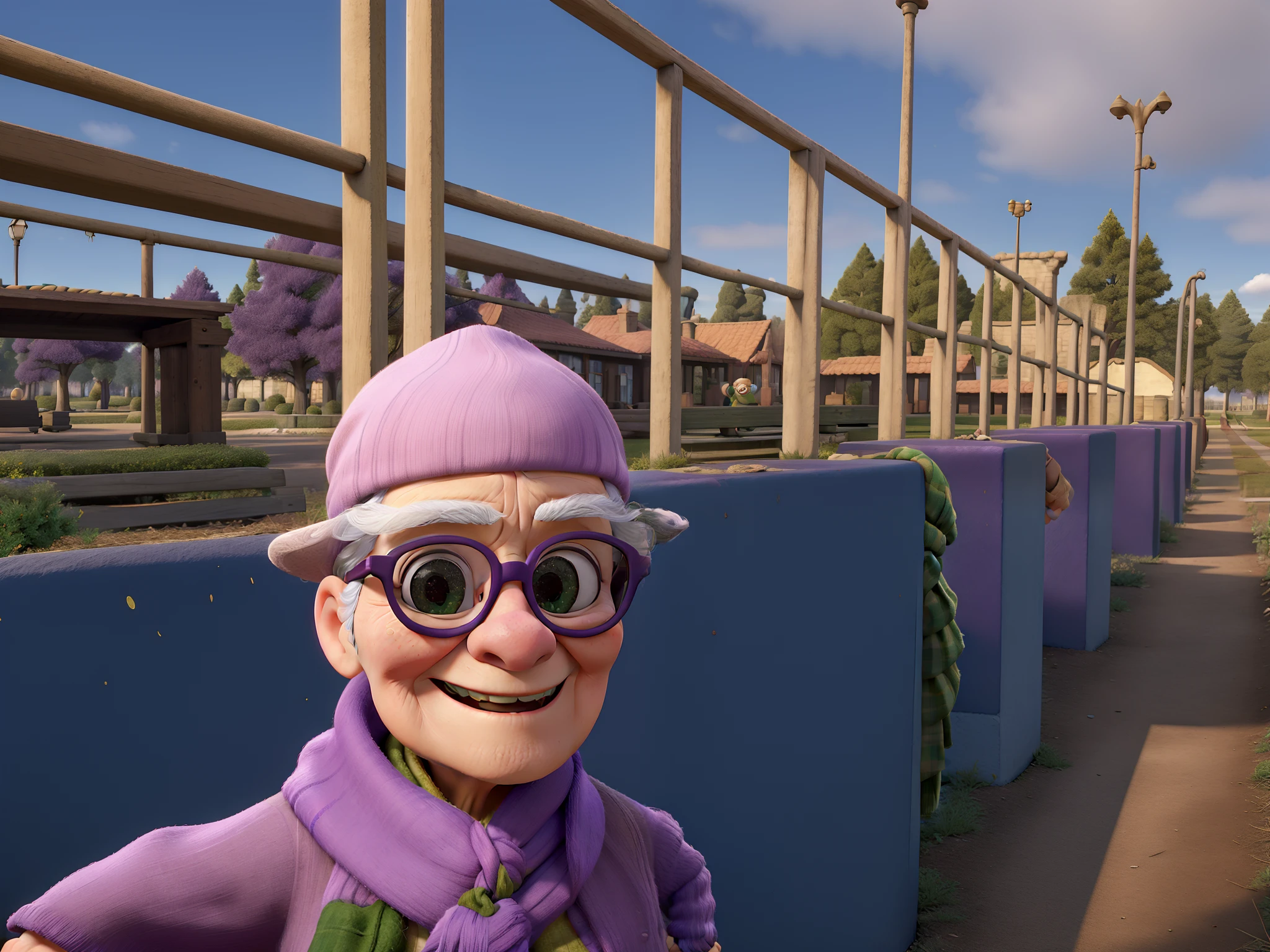 masterpiece, best quality, an old woman with glasses and a scarf on, wearing a purple coat and green scarf, standing at the park