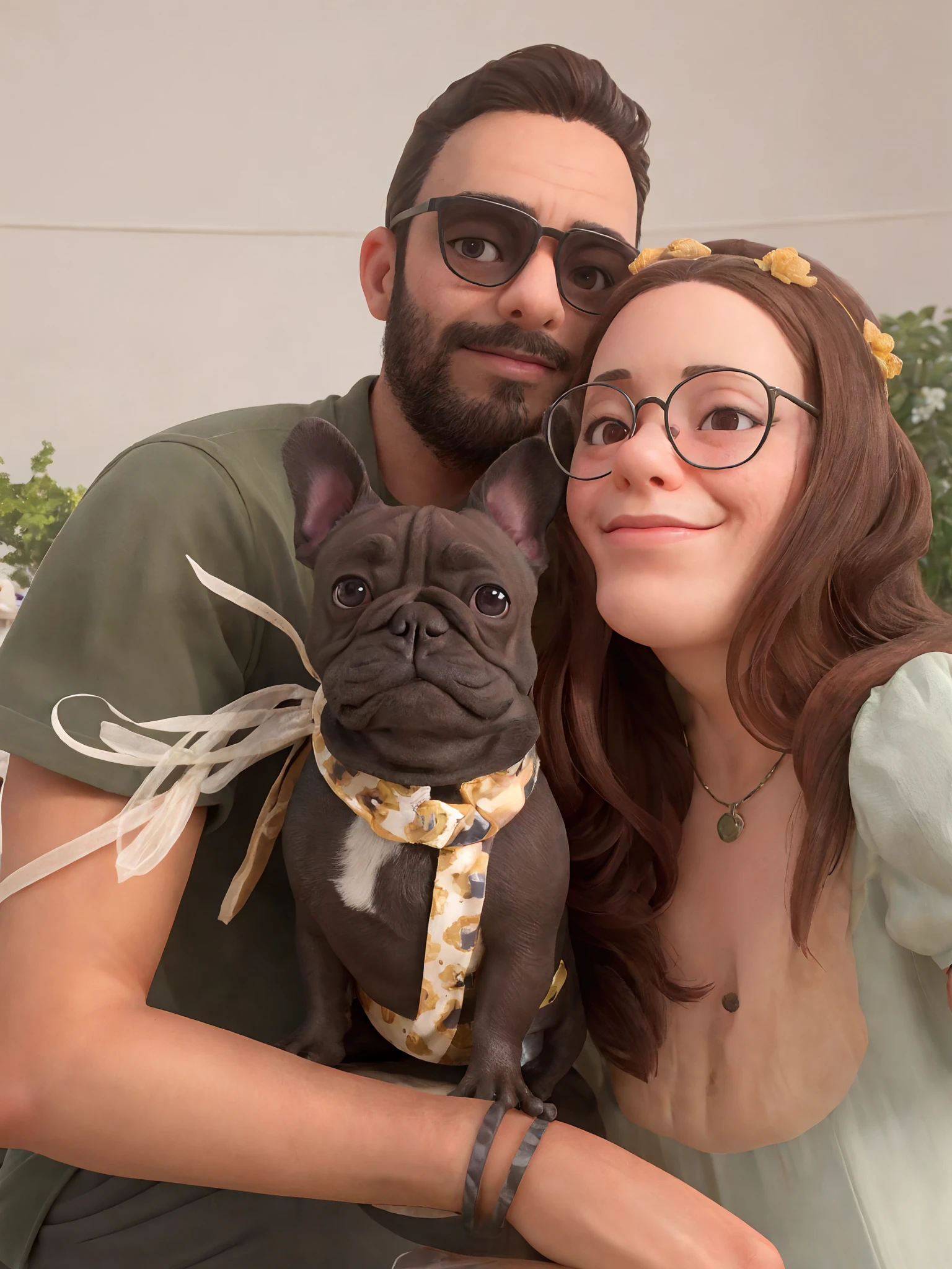 There is a man and a woman posing with a French bulldog