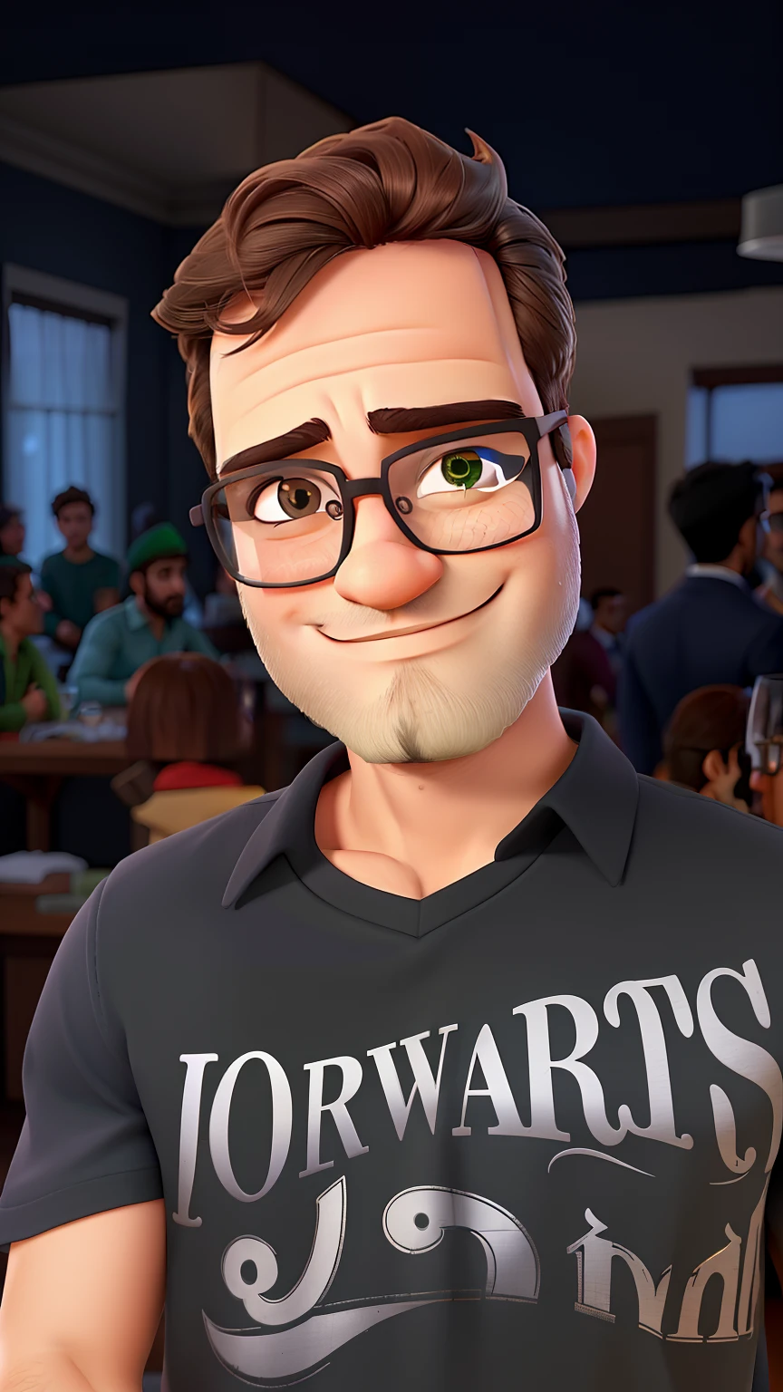 Homem jovem, grisalho, com barba curta grisalha, wearing prescription glasses, You're at a party as a backdrop.