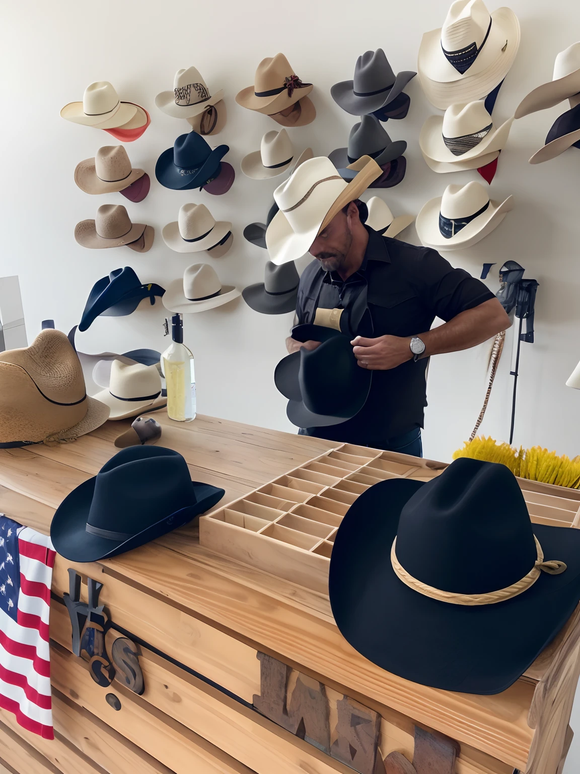 There's a man standing in front of a counter with hats on, 1614572159, kalap, hats, EUA-Set 20, wearing a cowboy hat, vaqueiro, Gorjetando seu fedora, estilo vaqueiro, new mexico, Directed by: William Berra,