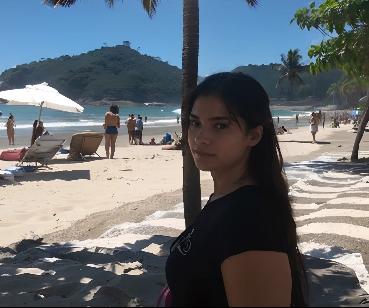 ((Best quality, 8k, Masterpiece :1.3)), A pretty 1woman with perfect figure :1.4, Slender abs :1.3, ((light brown hair, medium breasts :1.2)), (wearing pink micro bikini:1.5), (Lying on hammock, Hammock, At the beach:1.2), Highly detailed face and skin texture, Detailed eyes, Double eyelid, arms holding breasts,
