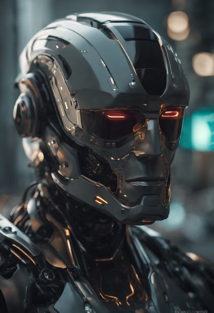una obra maestra de un hombre ultrarealista muy detallada, holograma, con un traje y un cosco espacial de robot intrincado, cuerpo entero, cuerpo completo, with robotic parts on your face, El hombre con cabeza de robot, Retrato de un robot futurista, en estilo de beeple, robotic face, Cara cyberpunk, Robot con rostro humano, style hybrid mix of beeple, Retrato de un cyborg, Calle futurista dieselpunk, Estilo beeple, Retrato Hermosa Sci - FI hombre, ltra High Definition, Simple minimum. f/4, 16:9, 5 s ultra high definition, Kinematic,