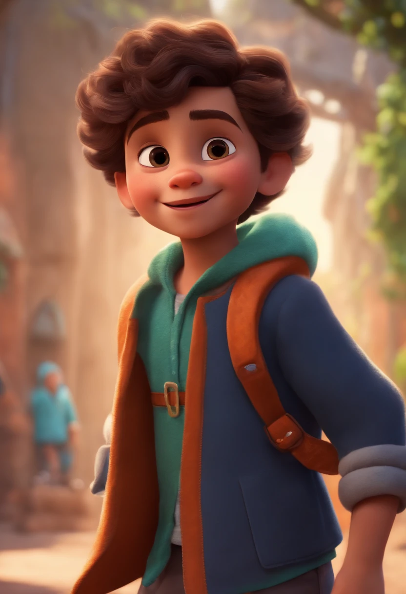 Image of a boy for a story in a YouTube video in Pixar format, He's the  allabester, He's the class leader, He's outgoing, Playful and gets up for a lot of things, cabelo curto