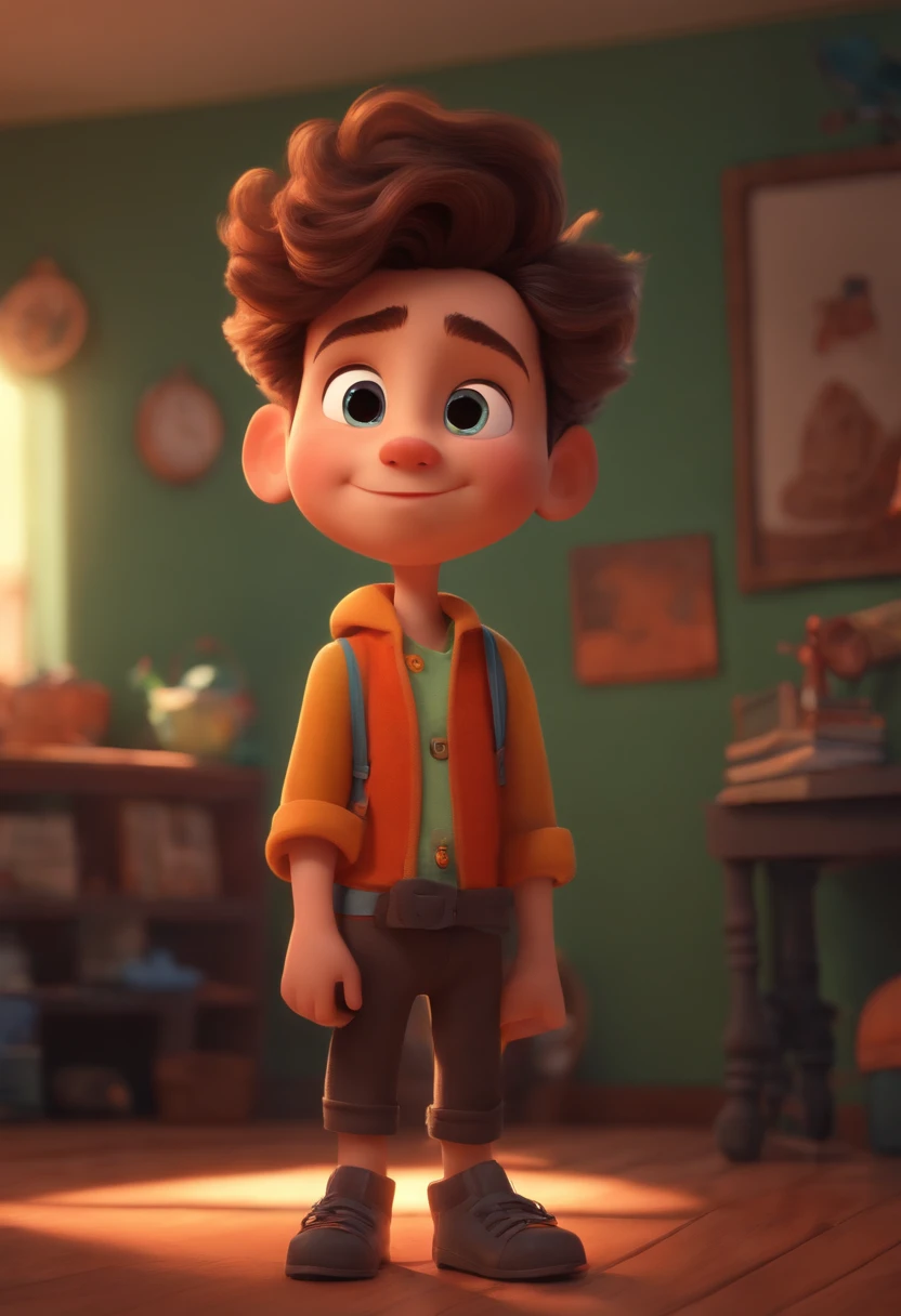 Image of a boy for a story in a YouTube video in Pixar format, It's the little albeleur, He's the head of the class, Il est extraverti, Playful and stands up for a lot of things, cheveux courts