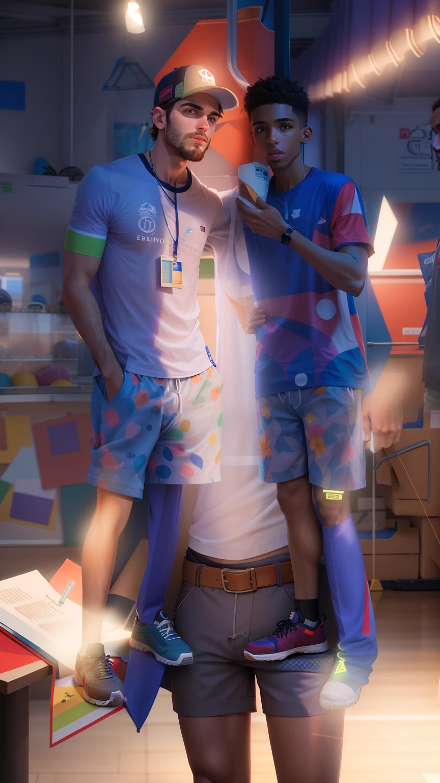 two men standing next to each other in a gym, de bermuda, wear shorts to, vestindo bermuda e camiseta, wearing shorts, # Oc, #Oc, shorts, wearing golf shorts, dois rapazes, Jovem com short, sport shorts, meninos bonitos, Petros e Leonid, 165 cm de altura, 155 cm de altura, graphic print