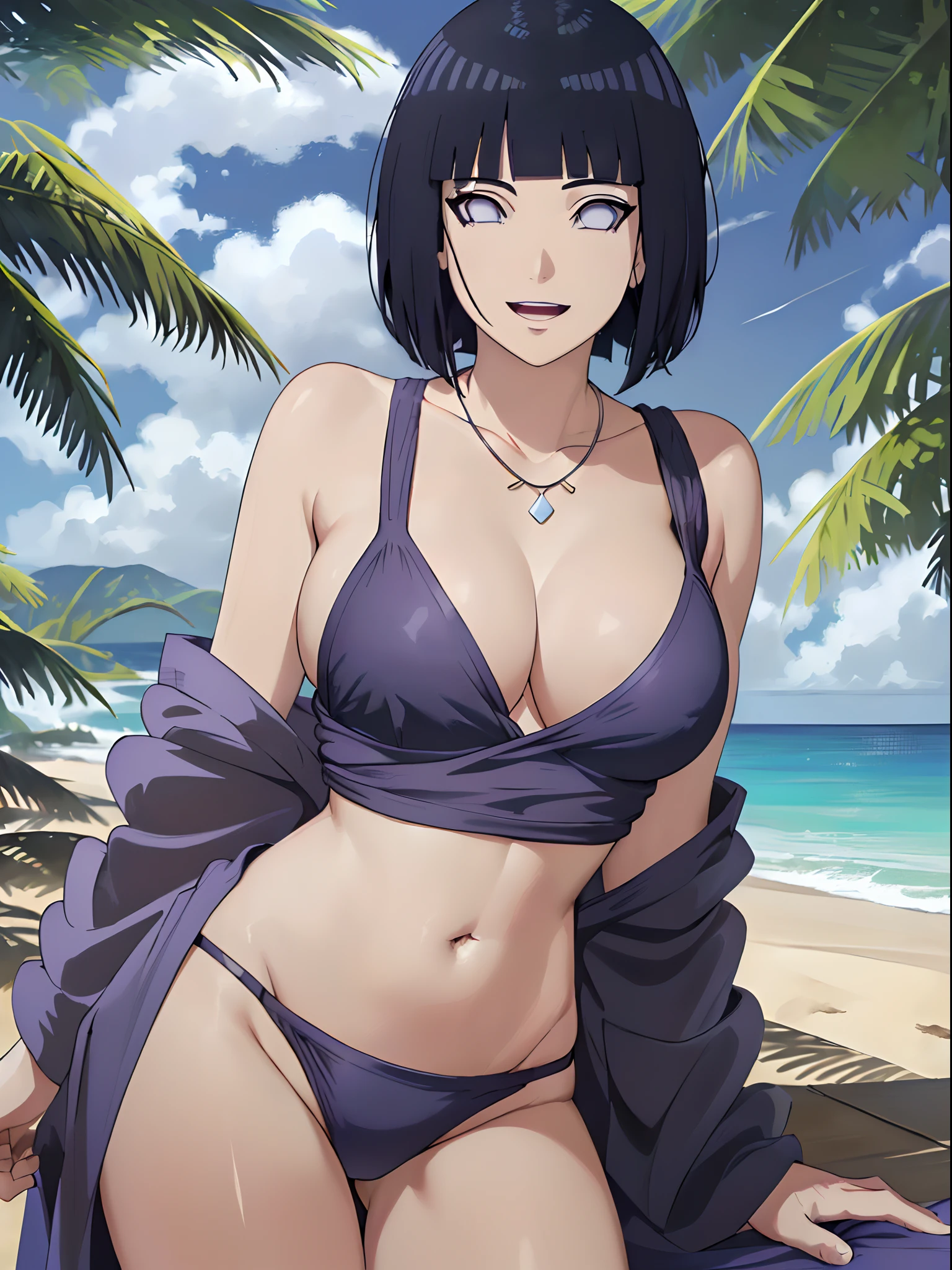 (WALLPAPER, (hinata\(boruto\), masterpiece, 4k, whole body shot, contrast lighting, mature female, milf, (curvy:0.8), solo, anime style, sharp focus, professional artwork, intricate details, detailed beach background, colorful, vibrant colors, vivid colors, digital blending, ultra detailed body, ultra detail hair, ultra detail face, trending on pixiv, very hot colors, sunny day, outdoor, detailed bold arm lines, high color saturation, bold lines, bold drawing lines),
(standing, open mouth, kind smile, extremely happy),
((dark blue hair color:1.1), ((short hair, hime cut)),
(perfect eyes, white sciera, white eyes, anime eyes, smoky eyeliner, eyeshadow)
(white skin, slender body, milf, navel, groin, flat belly, perfect face, perfect thighs),
(Thighs, legs, very big breasts, perky boobs, off-shoulders, (flat belly, groin, detailed shoulders),
(bare body, bare chest, minimum clothing, bare shoulders, bare hands, bare legs, bare body),
(white bikini only, necklace)