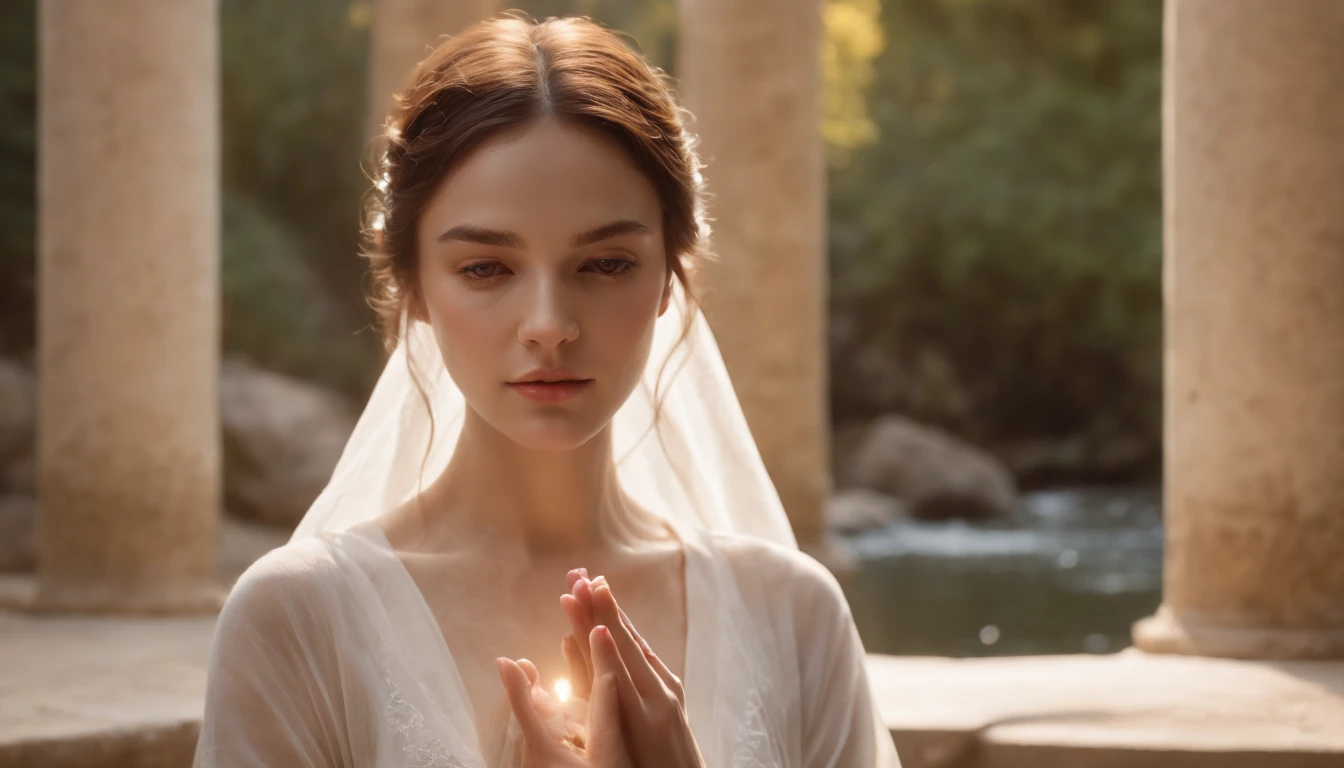 a close of 20 year old woman meditating, with hands in prayer, eyes closed, in front of a waterfall, with golden water, Points of light falling, wearing white clothing and accessories, 3 d, 4 km, high quality, 8K Ultra HD, hyper-realistic portrait of a captivating woman, The woman is portrayed in a moonlit setting, her features bathed in a soft, diffused glow that accentuates the delicate nuances of her expression. The artist, drawing from Sargent's precision, captures every subtle contour of her face, the intricacies of her gaze, and the cascading strands of her hair, In this mysterious ambiance, the artist employs da Vinci's mastery of shadow and light, creating an alluring interplay that accentuates the enigmatic aura surrounding the woman, Shadows dance across her features, enhancing the depth of her gaze and adding a touch of secrecy to the composition, by yukisakura, highly detailed, looking in camera