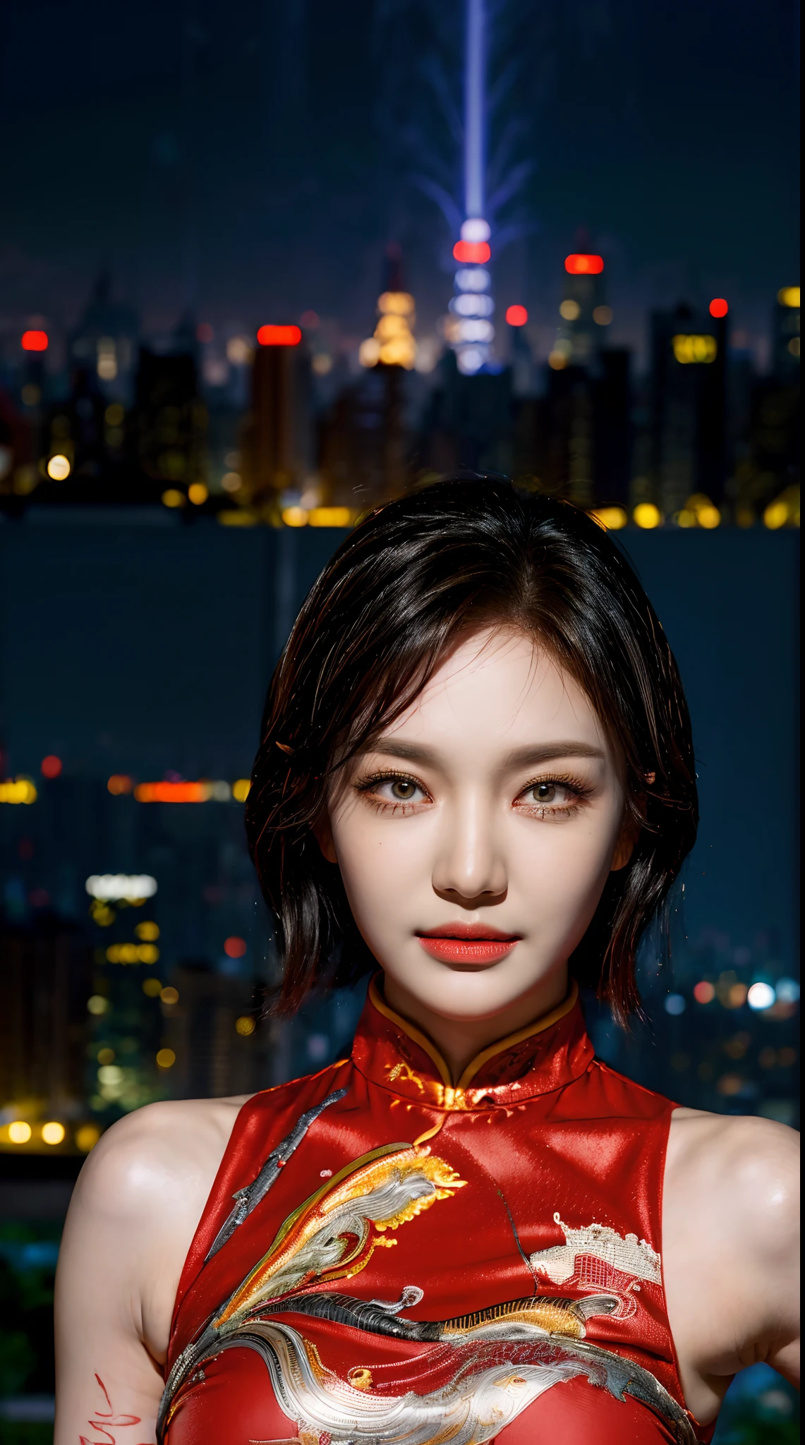 (((Luxury chinese motive red dress))), ((ideal body)), ((hazel eyes)), ((black hair)), ((medium short hair)), ((bright skin)), (((ultra-detailed))), ((illustration)), ((beautiful detailed eyes)), beautiful, amazing, detailed eyes, expressive eyes, solo, 1girl, 1 person, (((masterpiece))), (((realistic:1))), (((best quality))), (((first person view))), ((standing straight pose)), ((professional studio lightning)), ((staring to viewer)), (smirk), (((close up portrait))), ((city skyline in the night background)).