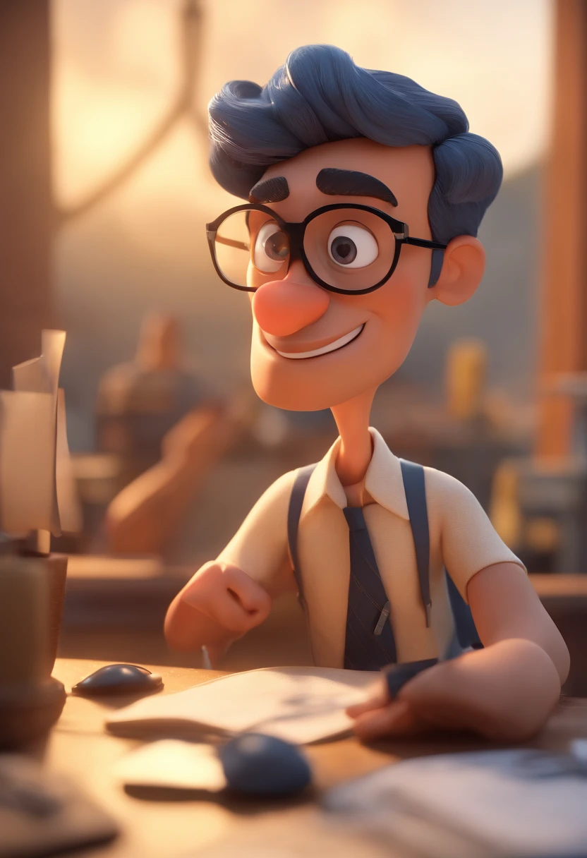 Cartoon character of a man with black glasses and a blue shirt, animation character, Caractere estilizado, animation style rendering, 3D estilizado, Arnold Maya render, 3 d render stylized, toon render keyshot, Personagem 3D, Personagem 3D, 3d rendering stylized, 3 d character render, personagem de desenho animado, Personagem de close up, Pose de personagem, (Estilo Pixar) (master part:1.2) (Bokeh) (best quality) (pele detalhada) (textura detalhada) (8k) (argila) (Cinematic lighting) (foco nítido) homem branco, cabelos curtos nas laterais, topete para o lado direito , cabelos e olhos castanhos, Thick lips and big nose, tatuagem de nuvens e ancora no barco direto. Realtor