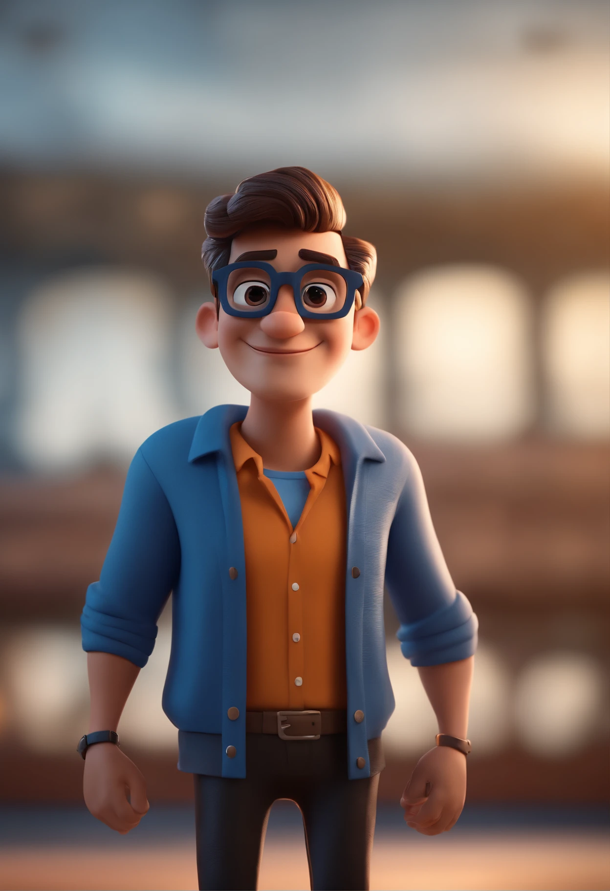 Cartoon character of a man with black glasses and a blue shirt, animation character, Caractere estilizado, animation style rendering, 3D estilizado, Arnold Maya render, 3 d render stylized, toon render keyshot, Personagem 3D, Personagem 3D, 3d rendering stylized, 3 d character render, personagem de desenho animado, Personagem de close up, Pose de personagem,  (Estilo Pixar) (master part:1.2) (Bokeh) (best quality) (pele detalhada) (textura detalhada) (8k) (argila) (Cinematic lighting) (foco nítido