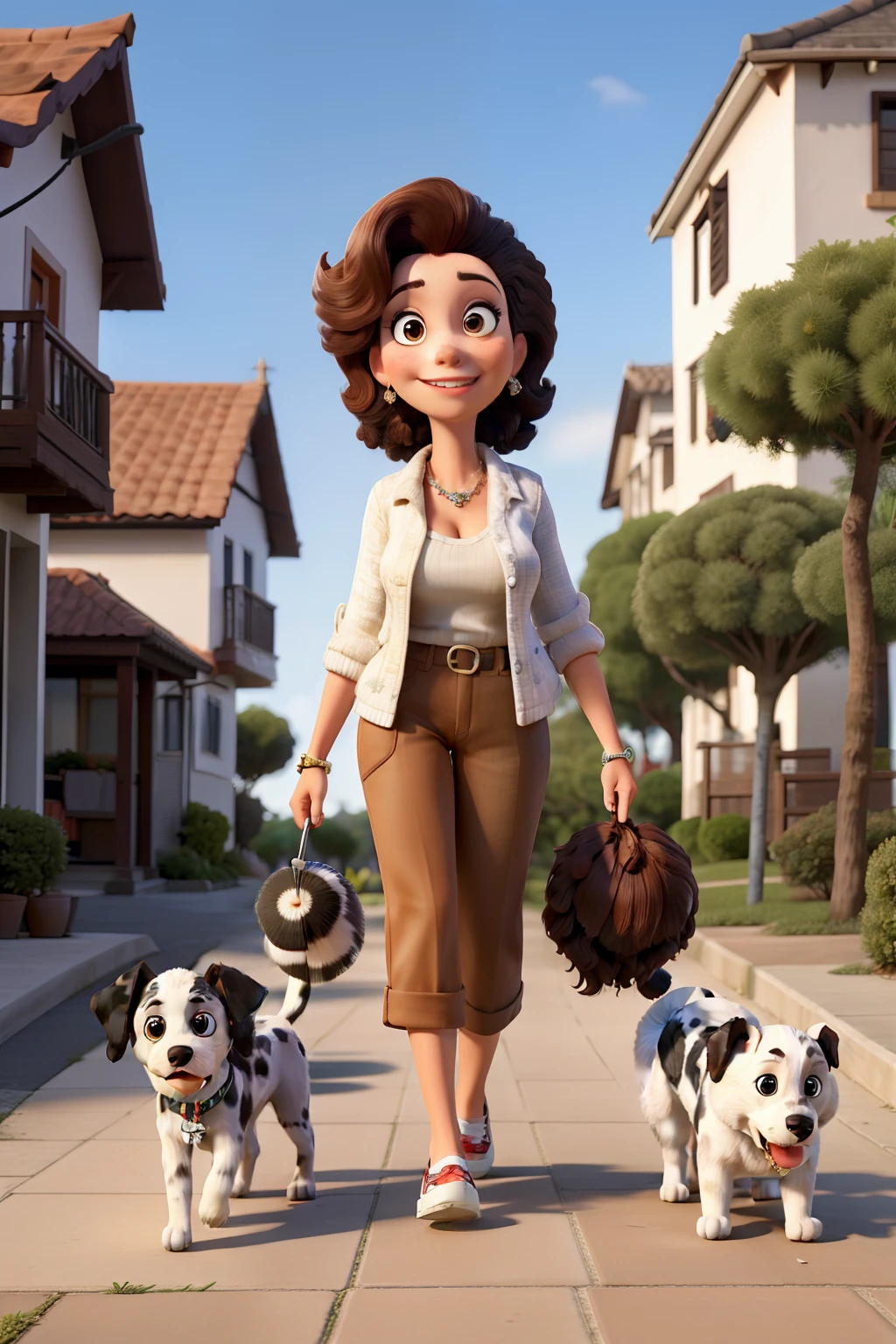 Mulher de cabelos compridos e encaracolados, ruivos passeando na rua com dois cachorros, a shitzu and a Dalmatian.