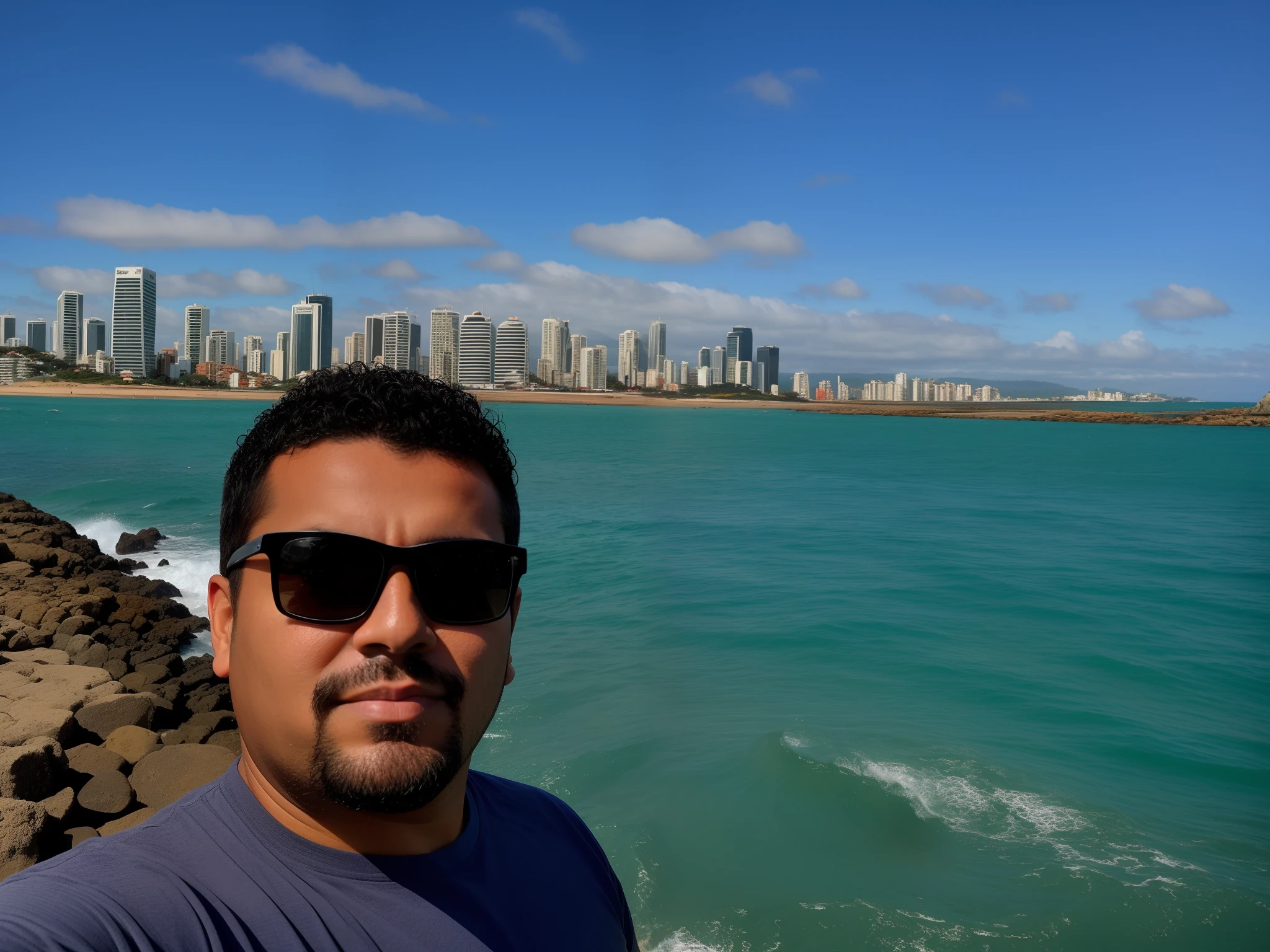 There is a man standing on a rocky beach with a city in the background, com uma cidade em segundo plano, em frente a uma cidade de fantasia, the sea seen behind the city, O oceano ao fundo, paradise in the background, Cidade em segundo plano, Tomado com Sony Alpha 9, oceano ao fundo, salvador, Costa como pano de fundo