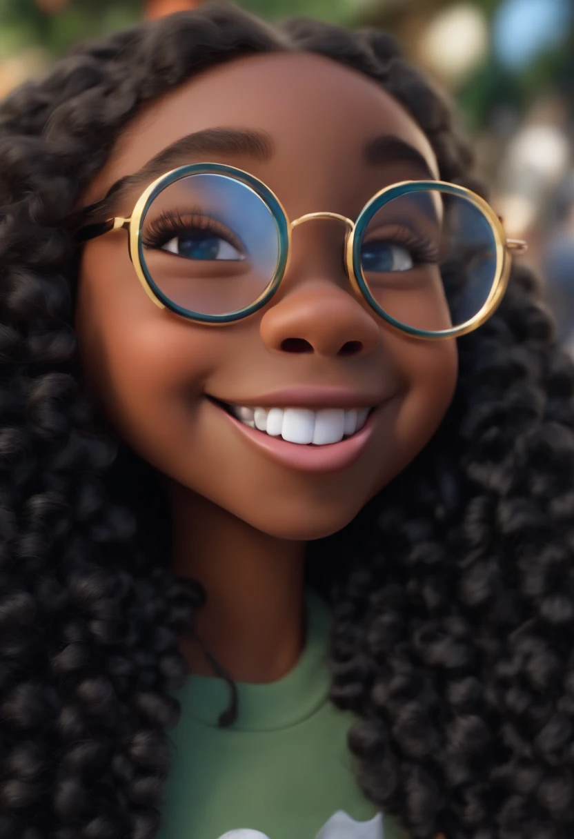 Um filme inspirado na Disney Pixar (YOUNG BLACK GIRL WITH LONG BLACK CURLY HAIR with sight glasses and round nose and white teeth) dentro A cena estar na arte distinta do estilo PIXAR, descolada e estilosa