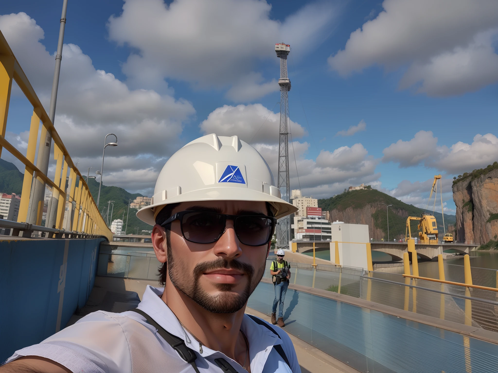Man in hard hat and sunglasses standing on a bridge, david rios ferreira, Fotografia Selfie 8k, foto Selfie, selfie shot straight on angle, com a terra ao fundo, Consectetur adipiscing elite, icaro carvalho, Selfie, Foto POV, engenheiro civil, Fotografia tirada em 2 0 2 0, foto retrato